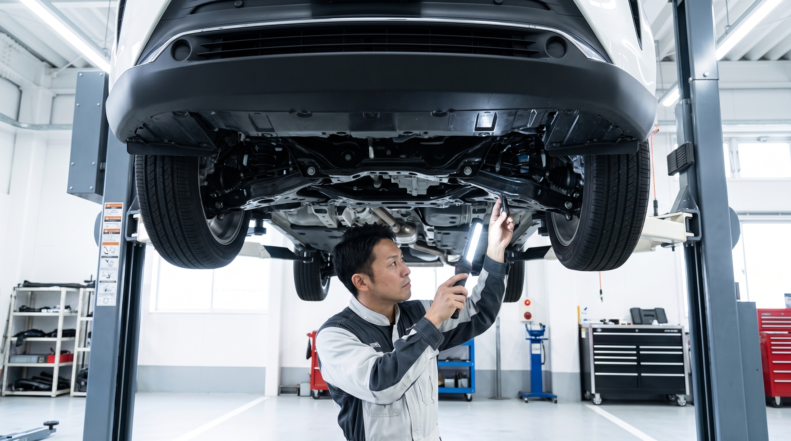 明るい自動車整備工場で、リフトアップされたSUVの下回りをプロの整備士がライトで照らし入念に点検している様子。サビのない綺麗なシャーシが強調された点検風景。