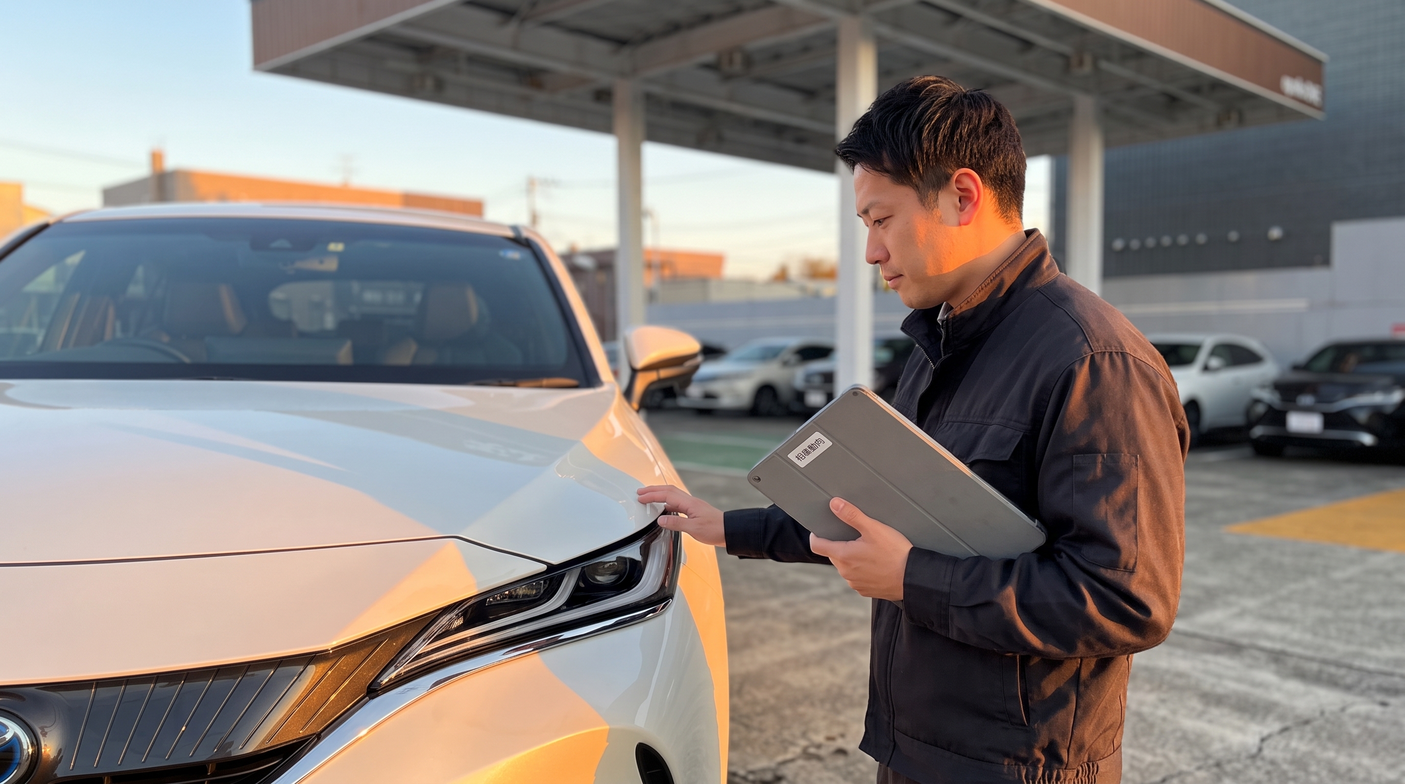 秋の夕方、中古車買取店の査定スペースで、タブレットを手に持ちながら白いSUVのフロント部分を丁寧にチェックしている査定士の様子。夕日が車体を照らすシーン。