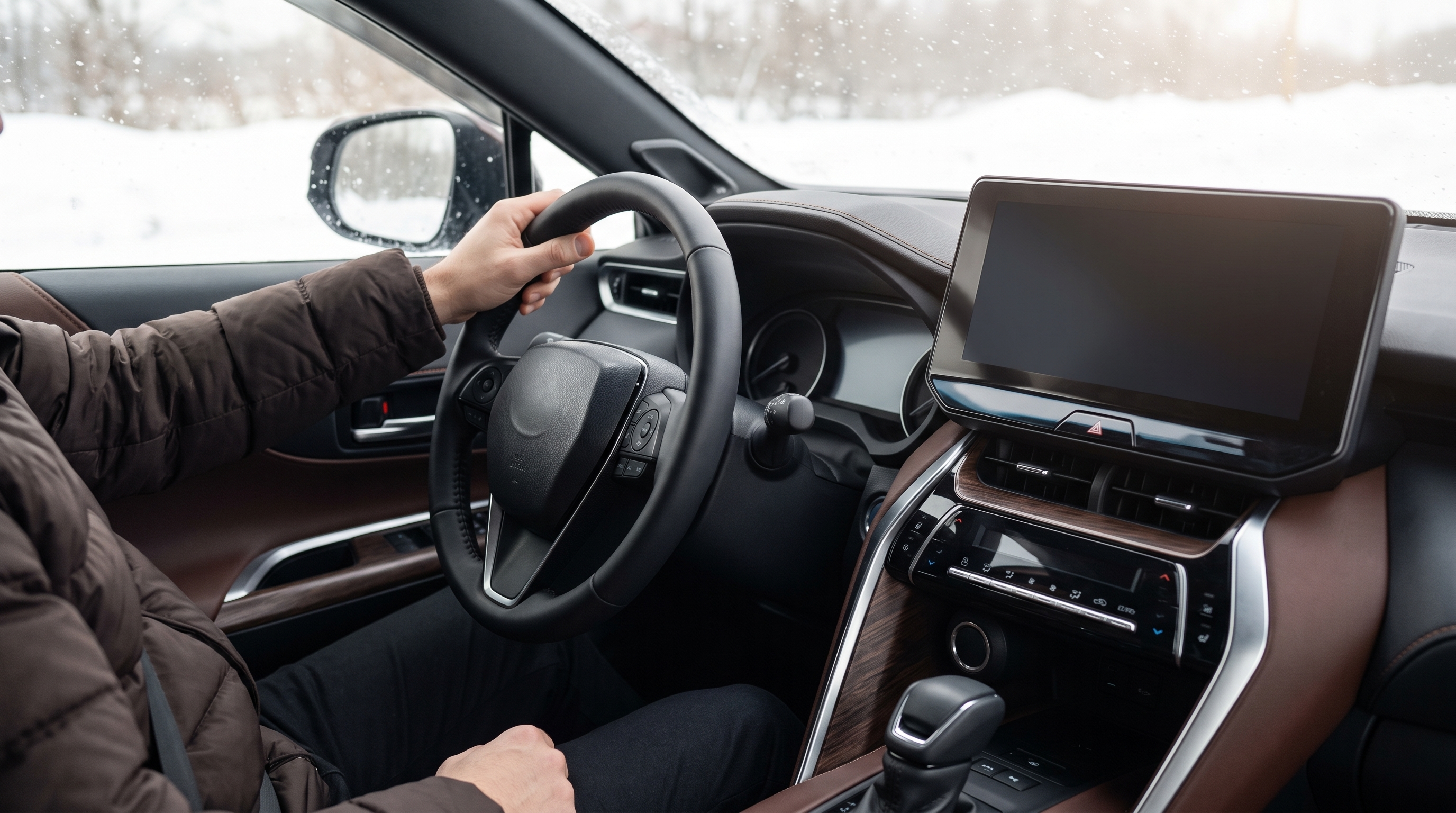 最新型SUVの車内で男性がステアリングを握り、内装の質感を確認している様子。木目調パネルなど精巧なディテールに焦点を当てた車内空間のクローズアップです。