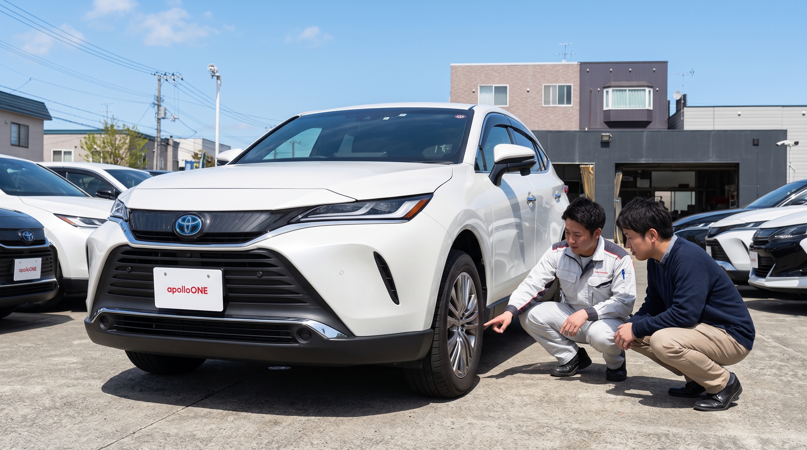 晴天の屋外展示場で、スタッフと客が白いSUVの脇にしゃがみ込み、車両の下回りやバッテリー周辺を熱心に確認している様子。青空を背景に車を斜め前から捉えたシーン。
