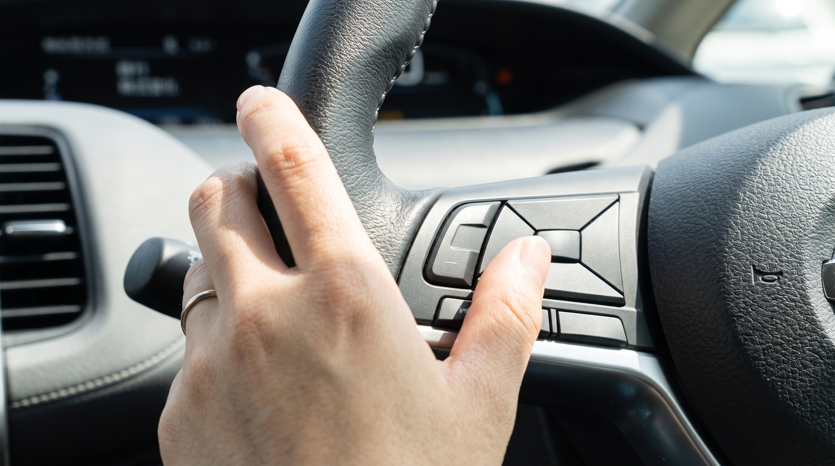 明るい日差しの車内で、運転支援システムのスイッチにフォーカスしたクローズアップ。女性がスイッチを押そうとする手元が、先進的なコックピットの雰囲気を伝えます。