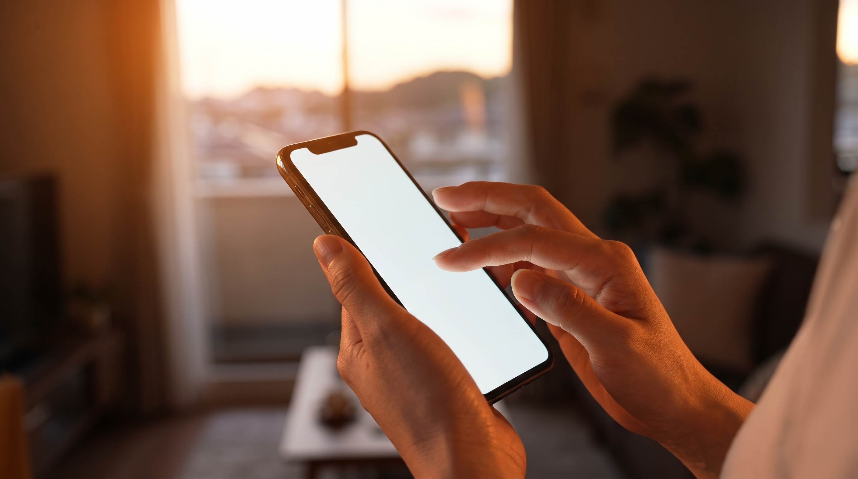 秋の夕暮れ時に柔らかな光が差し込む部屋で、女性がスマートフォンを操作している手元のクローズアップ。背景には住宅街のシルエットがぼんやりとボケて見える様子。