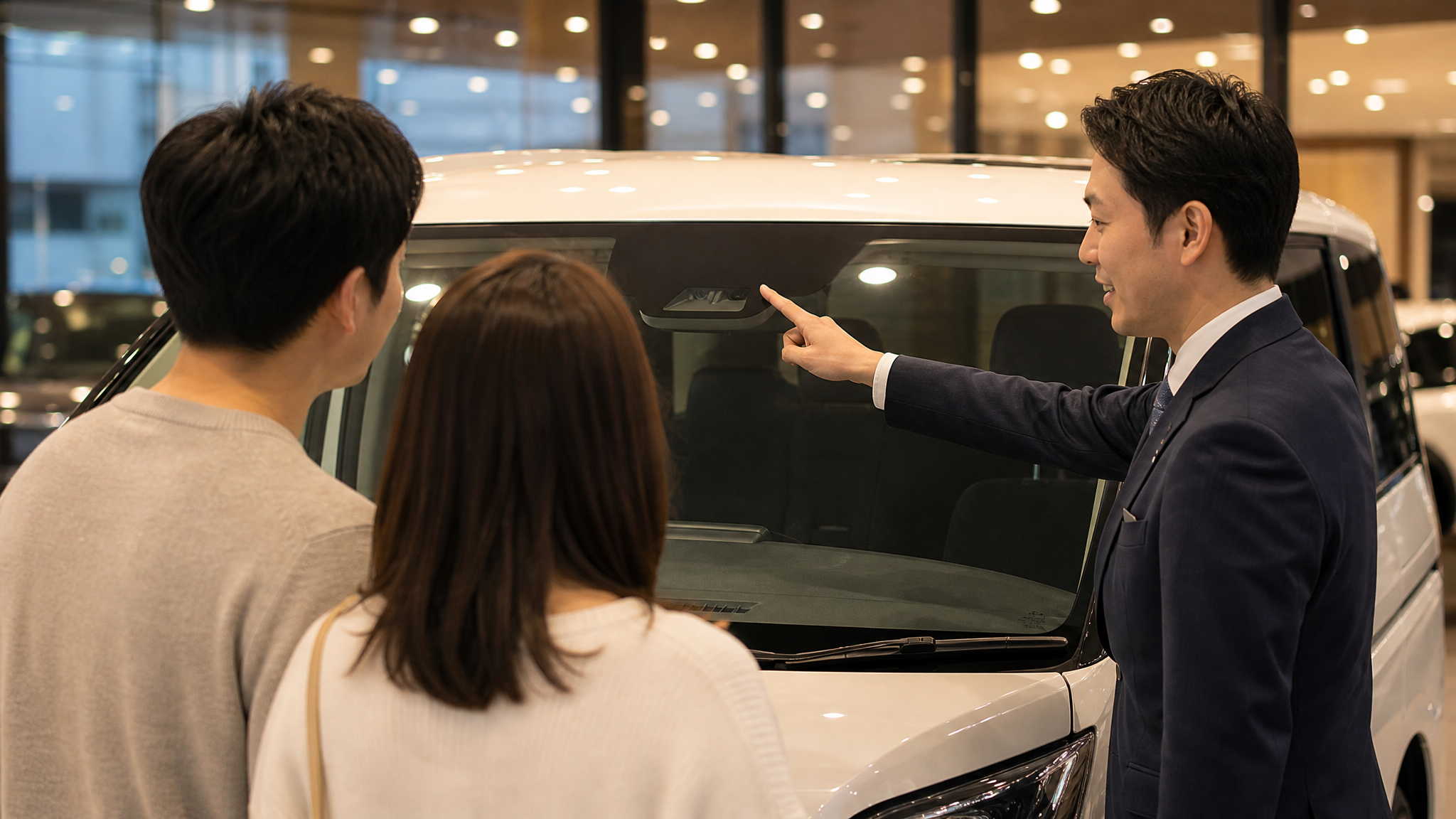 ショールームで、展示車のフロントガラス上部にある安全装備用カメラに焦点を当てた様子。販売員がセンサー部分を指差し、夫婦へ丁寧に説明しているシーンです。