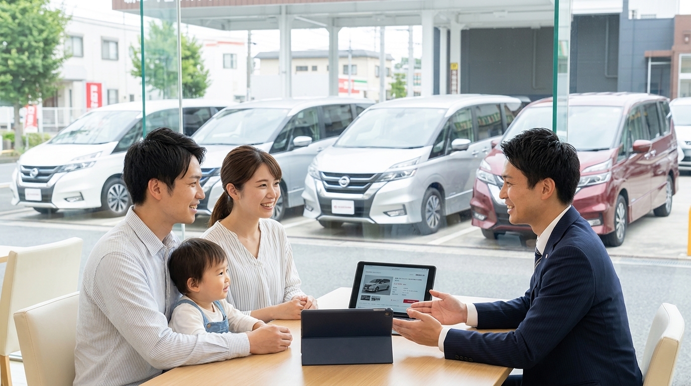 中古車販売店の接客スペースで、若い家族がスタッフと笑顔で相談している様子。窓の外に中古車のセレナが並ぶ、明るく安心感のある雰囲気での商談シーンです。