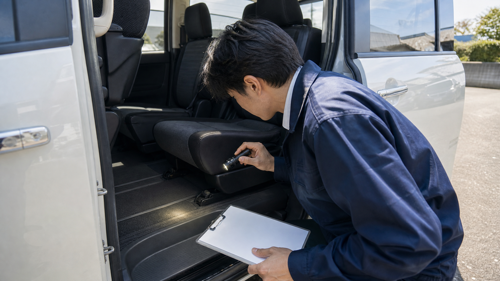 夏の明るい昼下がり、ミニバンの開いたスライドドアから車内を覗き込み、懐中電灯を手に後部座席のフロアマット周辺の隙間を念入りにチェックする査定スタッフの手元。