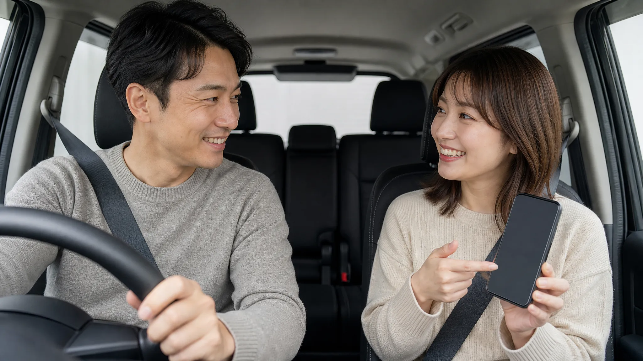 ミニバンの車内で、ハンドルを握る男性と助手席の女性が笑顔で顔を見合わせる様子。試乗に向けて期待に満ちた夫婦の表情と上質なインテリアを捉えたクローズアップ。
