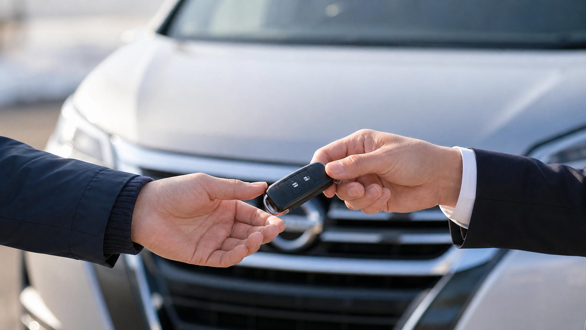 納車手続きを終え、購入者が販売員から車の鍵を受け取る瞬間のクローズアップ。鍵を手渡す手元が大きく写り、背景にはシルバーのミニバンがボケて映り込んでいる様子。