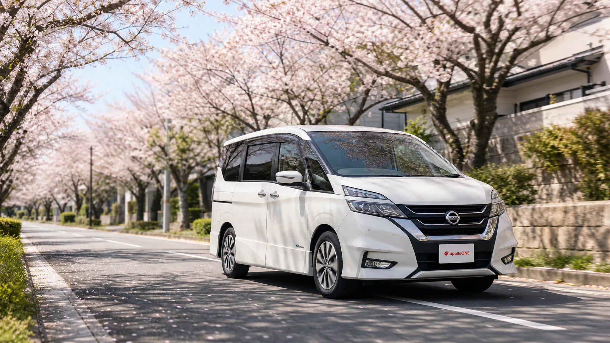 満開の桜並木が続く春の住宅街の様子。明るい日差しの下、美しい側面のボディラインを見せながら白いミニバンが緩やかに走り抜けていく姿を遠景から捉えたシーンです。