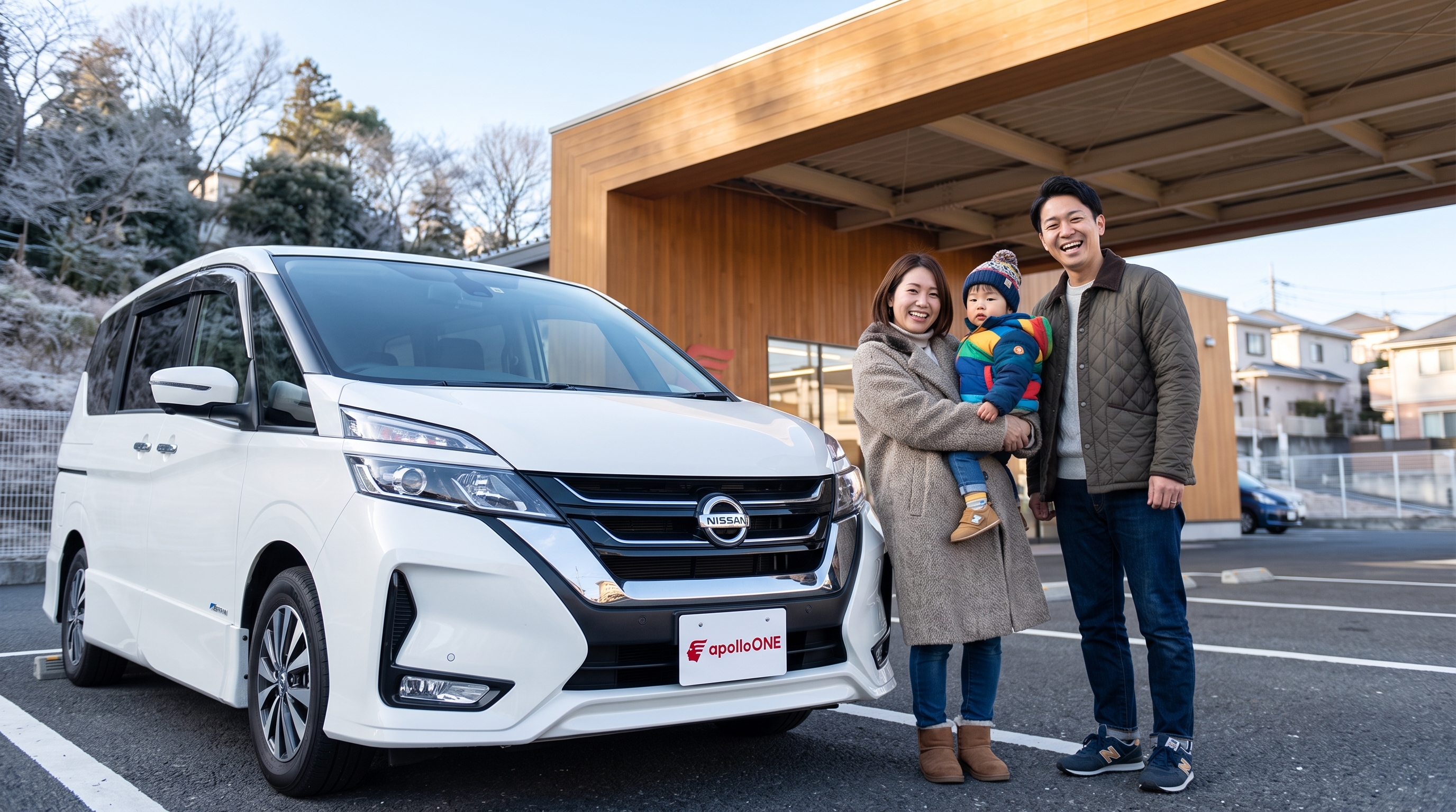 澄んだ冬の朝、ミニバンのフロント斜め前に立つ夫婦と幼児の家族の様子。これからドライブに出かけるような弾ける笑顔と、堂々とした車の外観を下から見上げた構図。
