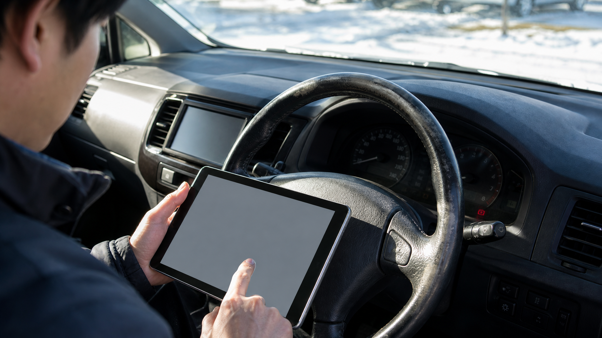明るい自然光が差し込む車内で、使い込まれたステアリングホイールや運転席のメーターパネルを確認しながら、タブレット端末を操作する査定士の手元のクローズアップ。