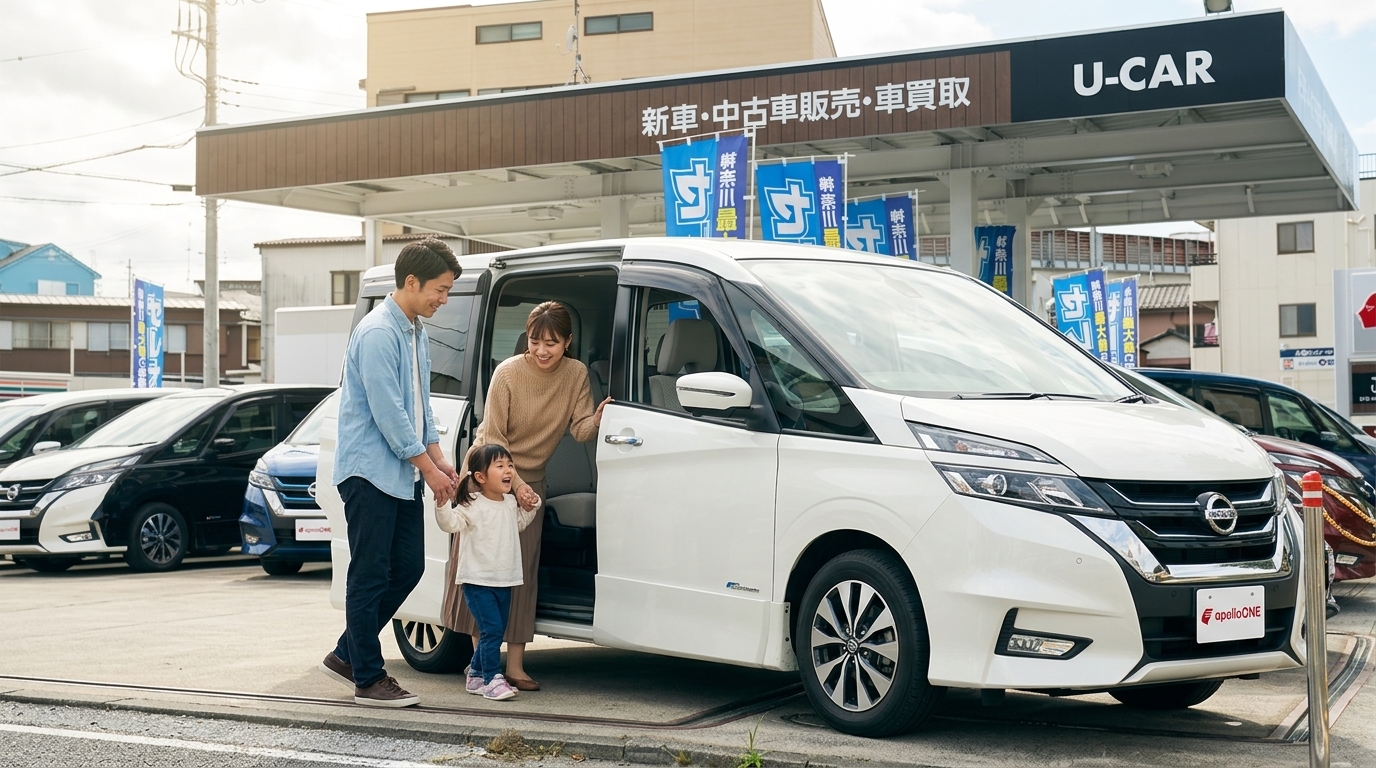 屋外で夫婦と小さな子供が笑顔でミニバンのスライドドアを開け、室内を確認している様子。車選びへの安心感やこれからの期待感が伝わる、温かい雰囲気のシーンです。