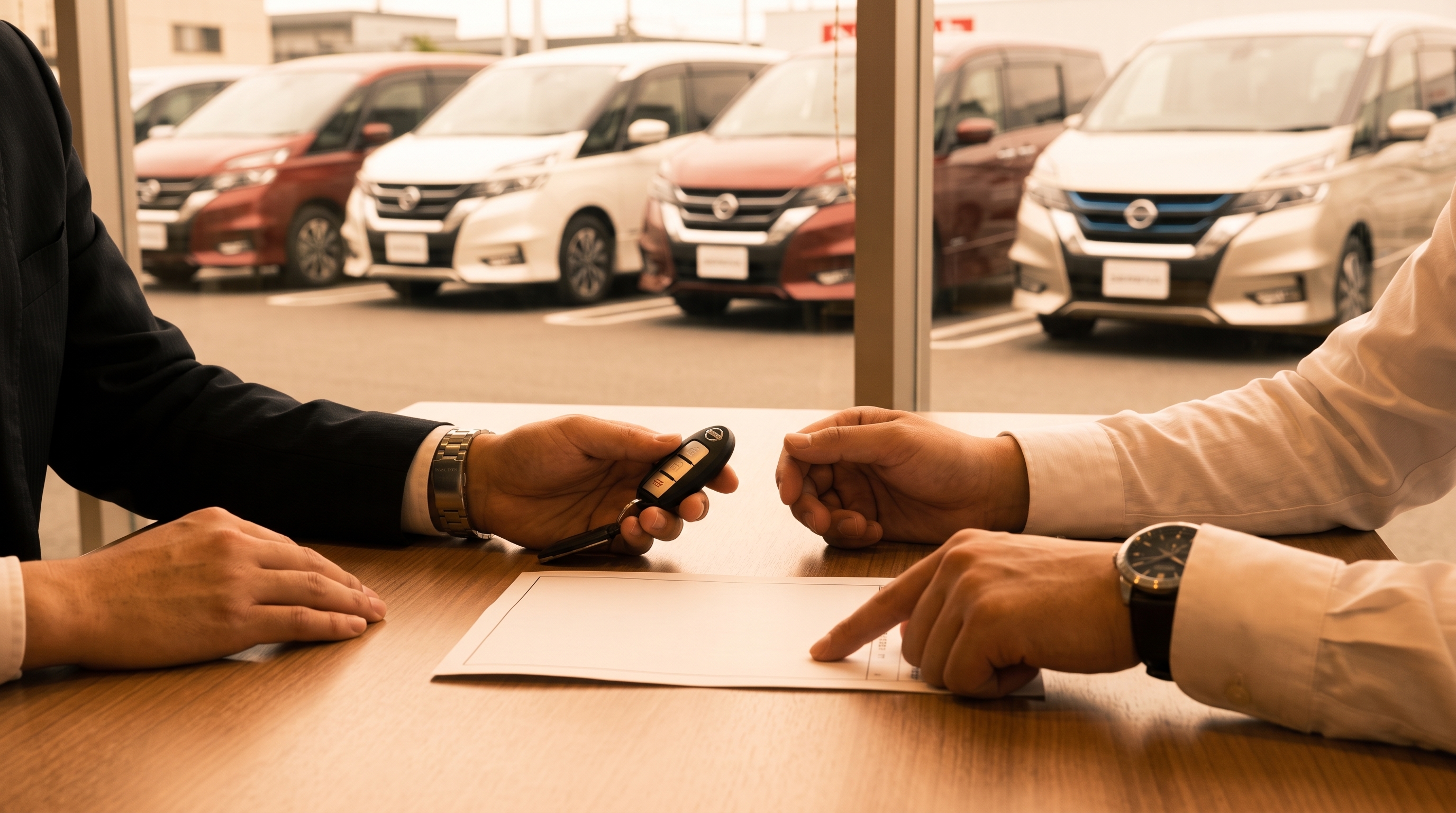 澄んだ青空の下、親子が手をつないで展示車へ向かって歩く後ろ姿のローアングルショット。新しいファミリーカーとの出会いに期待を膨らませている家族の様子です。