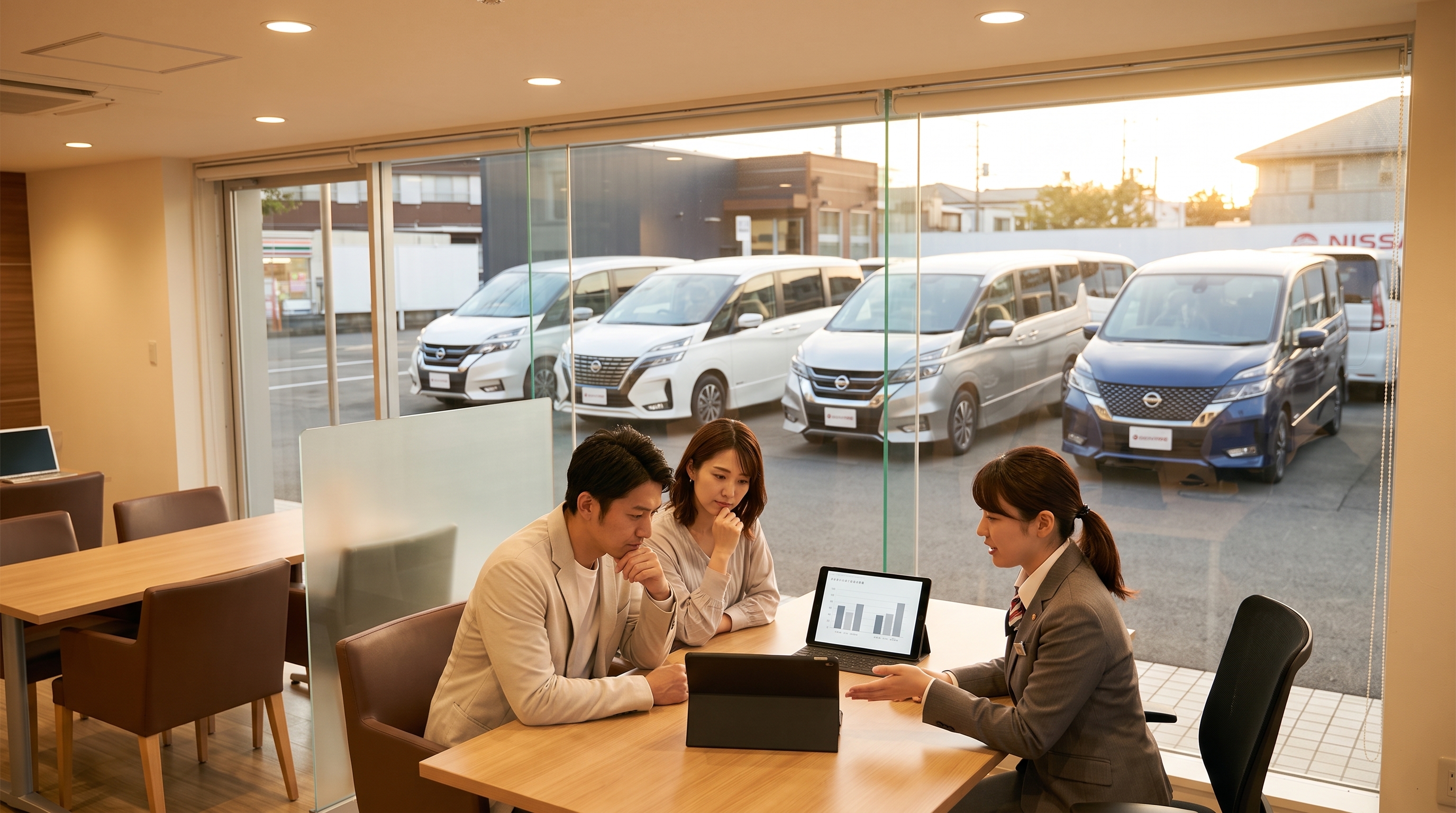 夕日を浴びるミニバン展示場を背景に、ショールームの商談スペースで夫婦がタブレットの比較グラフを見つめながら販売員の説明を真剣に聞いているシーン。