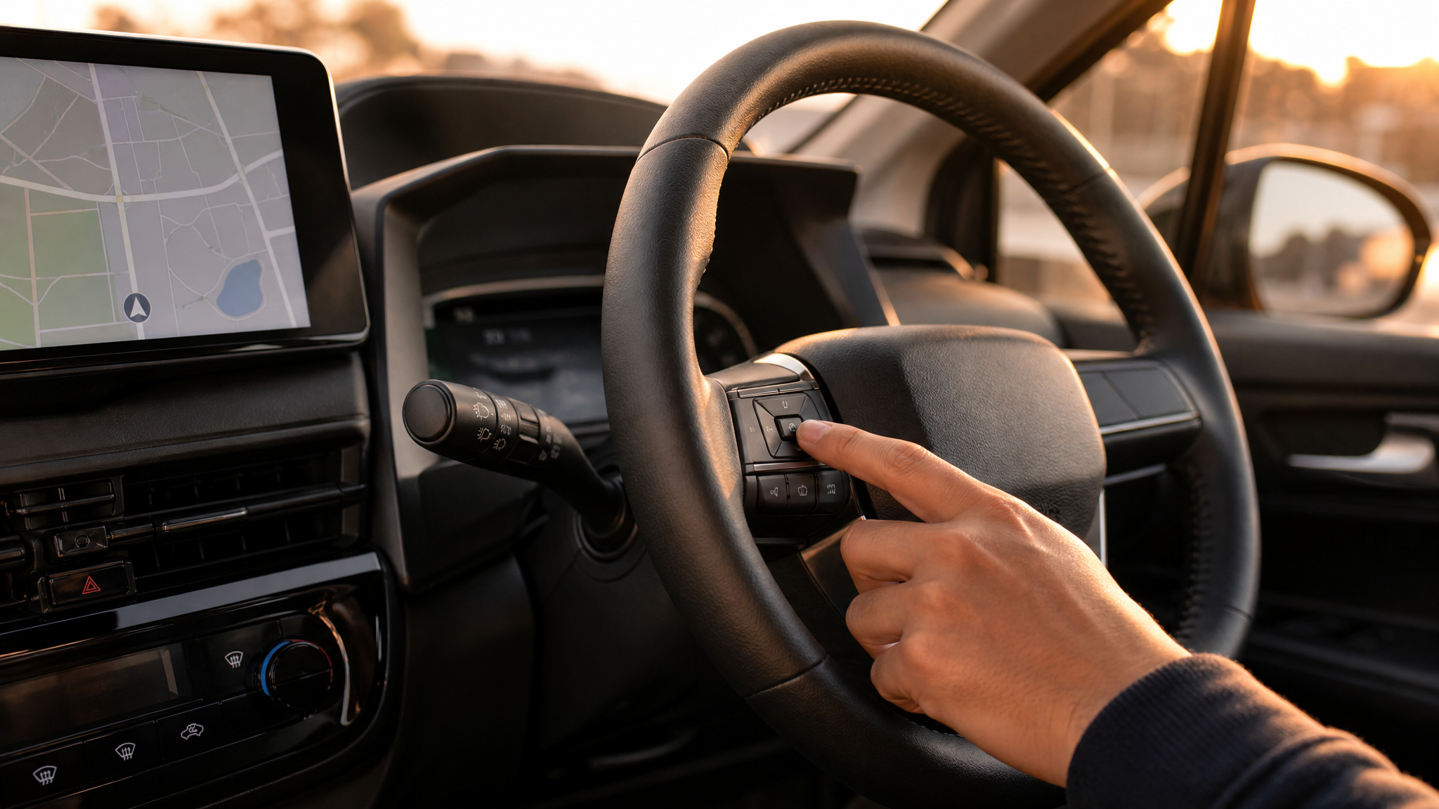 秋の暖かな夕日が差し込む車の運転席で、ステアリングホイール周辺やインストルメントパネルの先進的なスイッチ類を操作する男性の手元のクローズアップ。