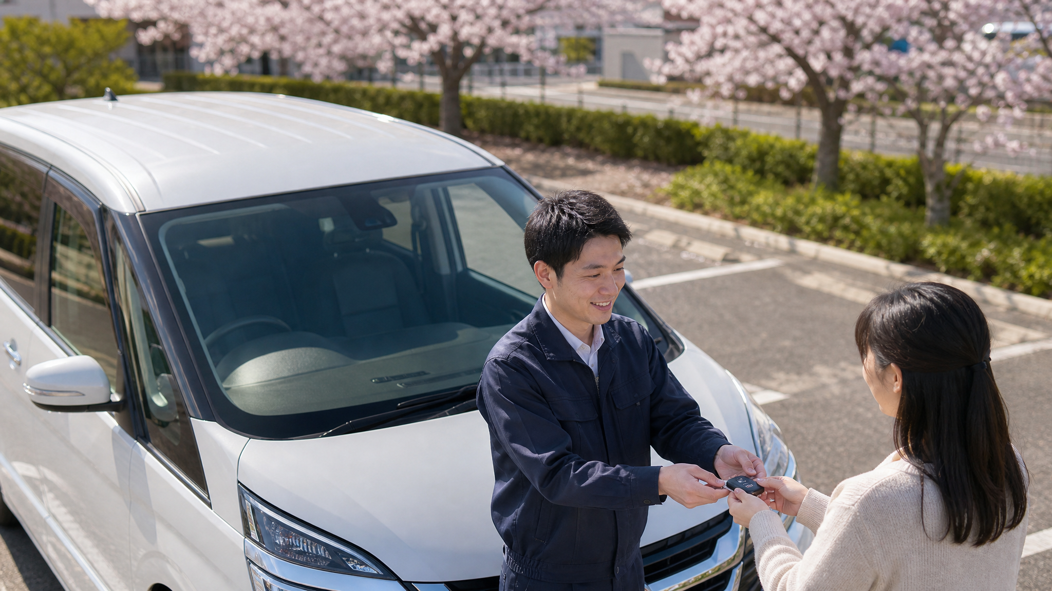春の穏やかな駐車スペースの様子。桜を背景に、スタッフがお客様から車のスマートキーを両手で丁寧に受け取っている、温かい雰囲気と安心感のあるサービスのシーンです。