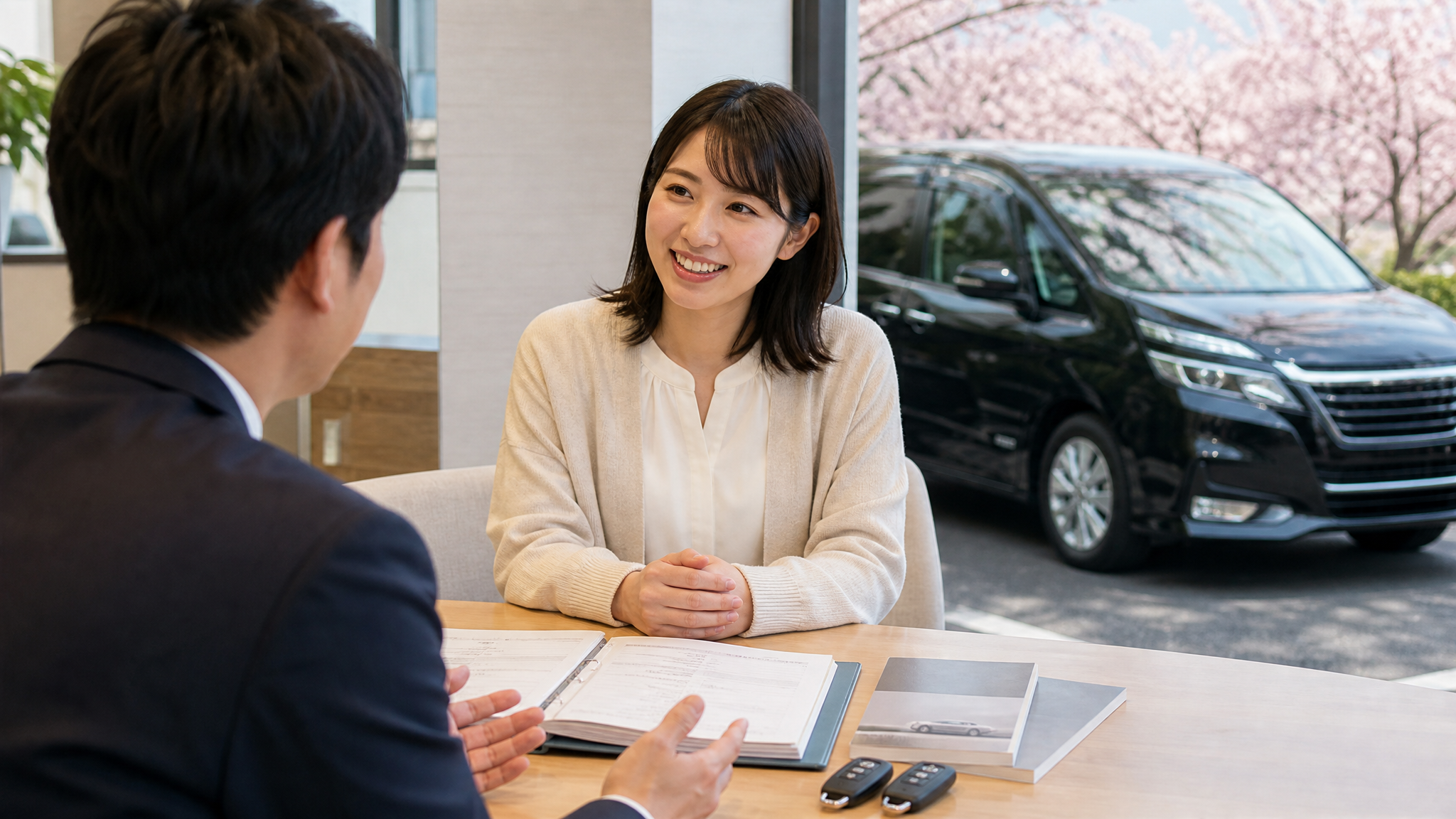 窓越しに桜と黒いミニバンが見える春の商談スペースで、テーブルに整備記録簿やスマートキーが並べられ、顧客と査定スタッフが和やかに向かい合って座っている様子。