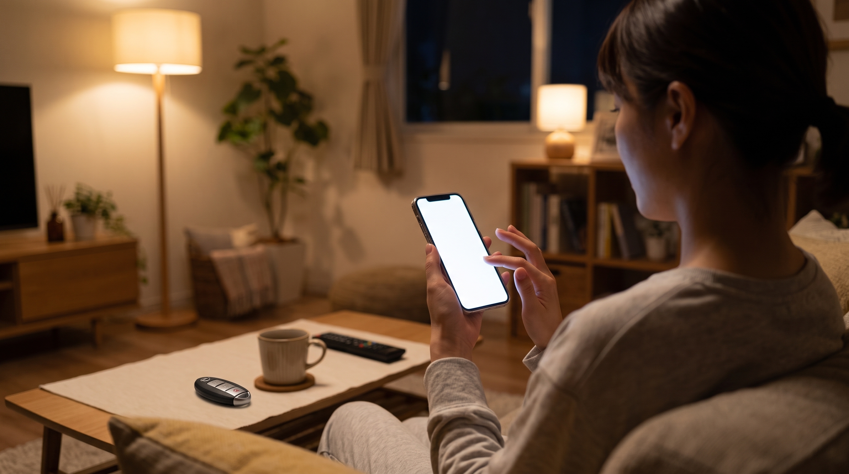 暖かみのある間接照明で照らされた夜のリビングで、ソファに座った女性がスマートフォンを操作している様子。テーブルには車の鍵とコーヒーカップが置かれています。