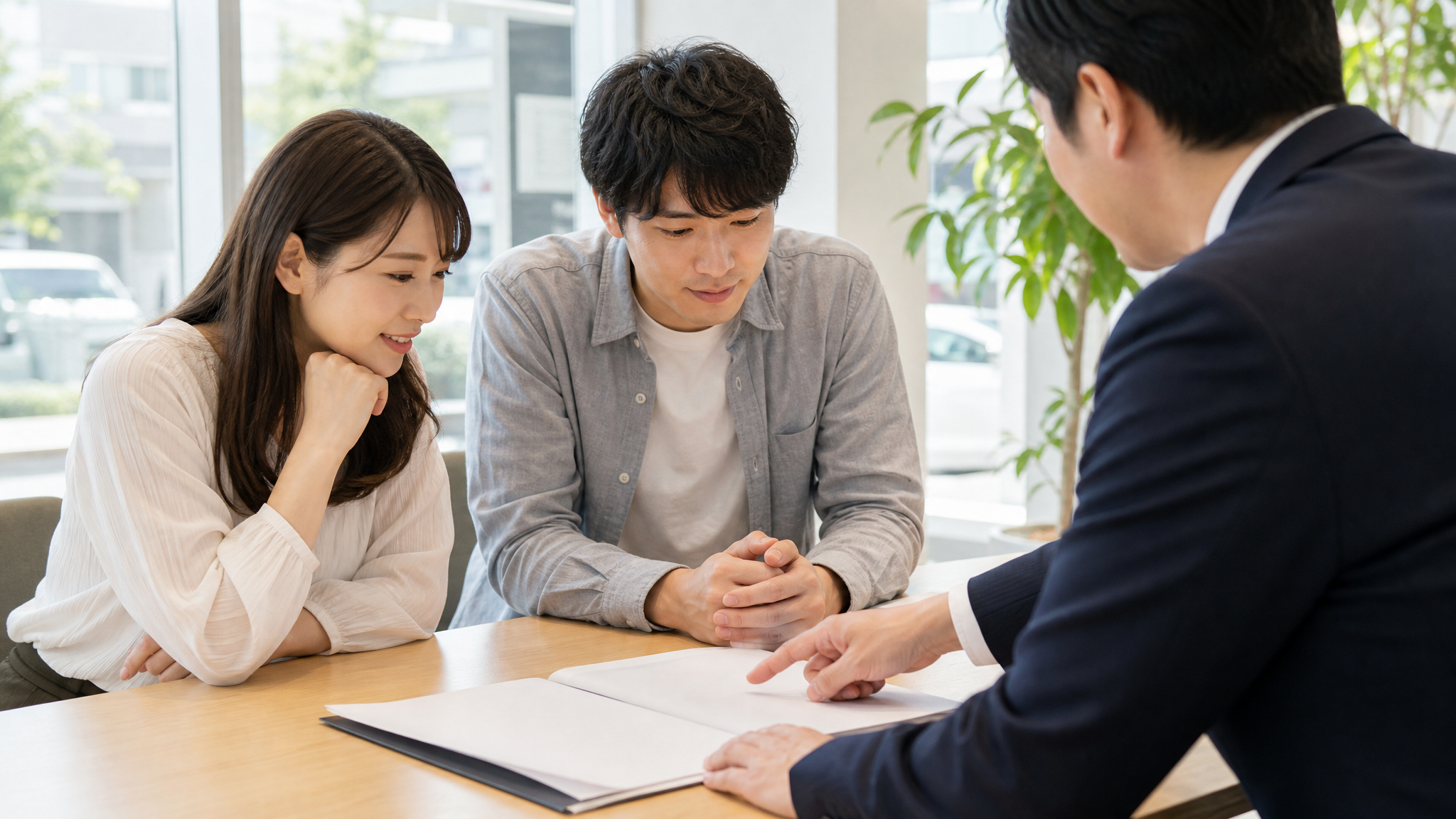 明るい商談スペースで、夫婦がスタッフの説明を熱心に聞いている様子。テーブルに広げられた書類をスタッフが丁寧に指差して案内する、和やかで安心感が伝わるシーン。