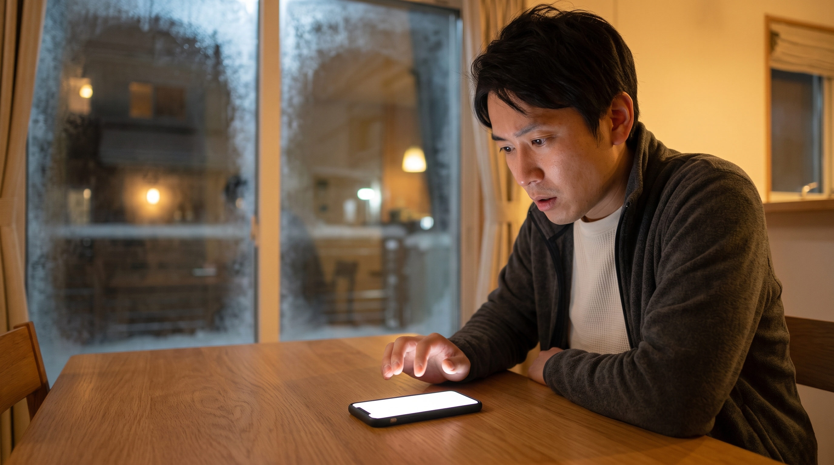 冬の夜、暖色系の照明が灯る自宅のリビングで、ダイニングテーブルの上に置かれた着信で光るスマートフォンを見つめながら、少し困惑した表情を浮かべる男性の様子。