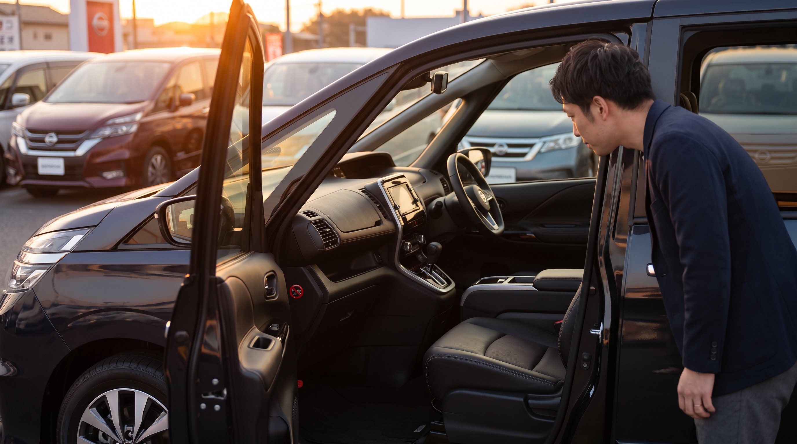 夕暮れ時、男性が大型ミニバンの運転席ドアを開けて車内を覗き込んでいる様子。夕日が差し込み、上質なダッシュボードや広々とした車内空間の魅力が伝わるシーンです。