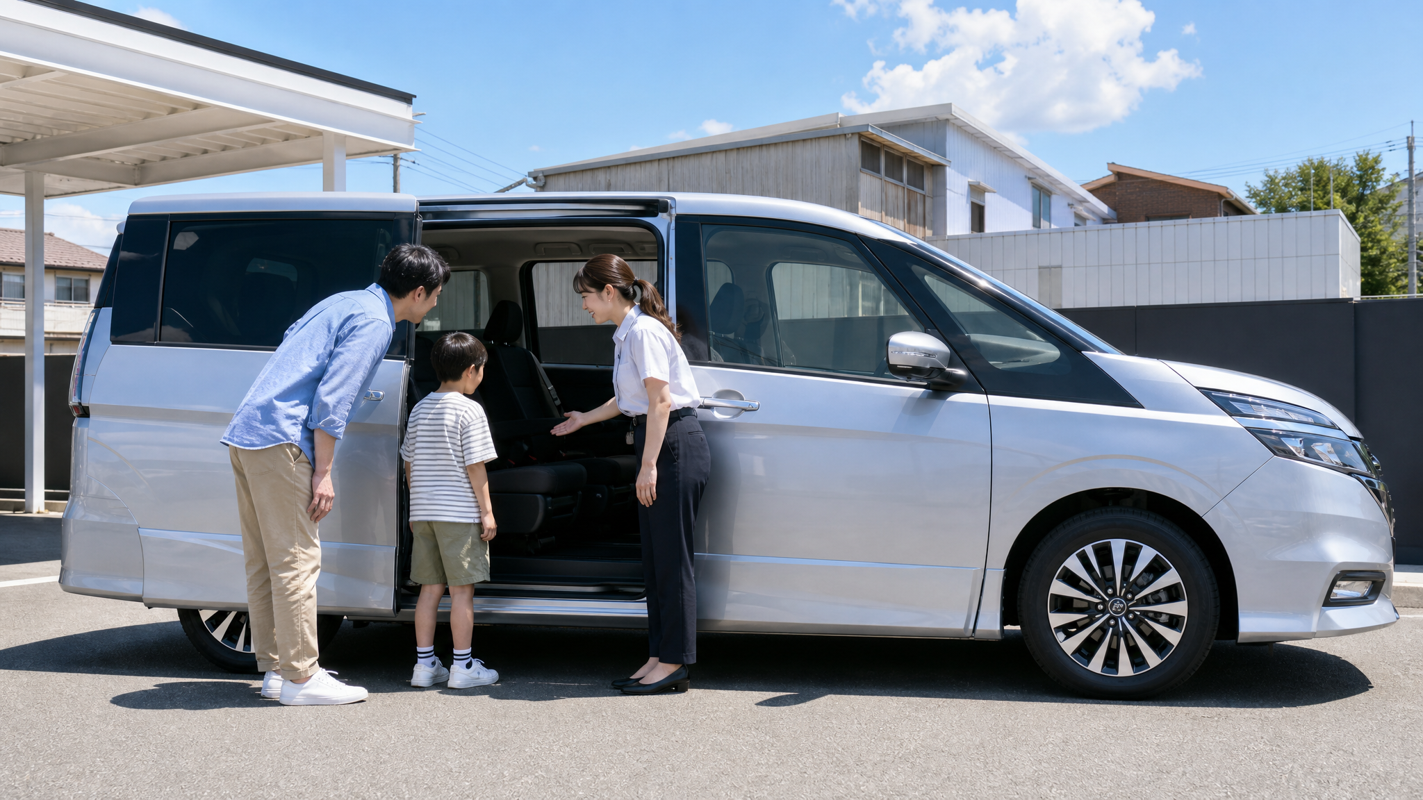 夏の日差しが差し込む展示スペースで、シルバーの車のスライドドアを全開にし、スタッフの案内を受けながら広い車内を覗き込んで確認する家族の様子。