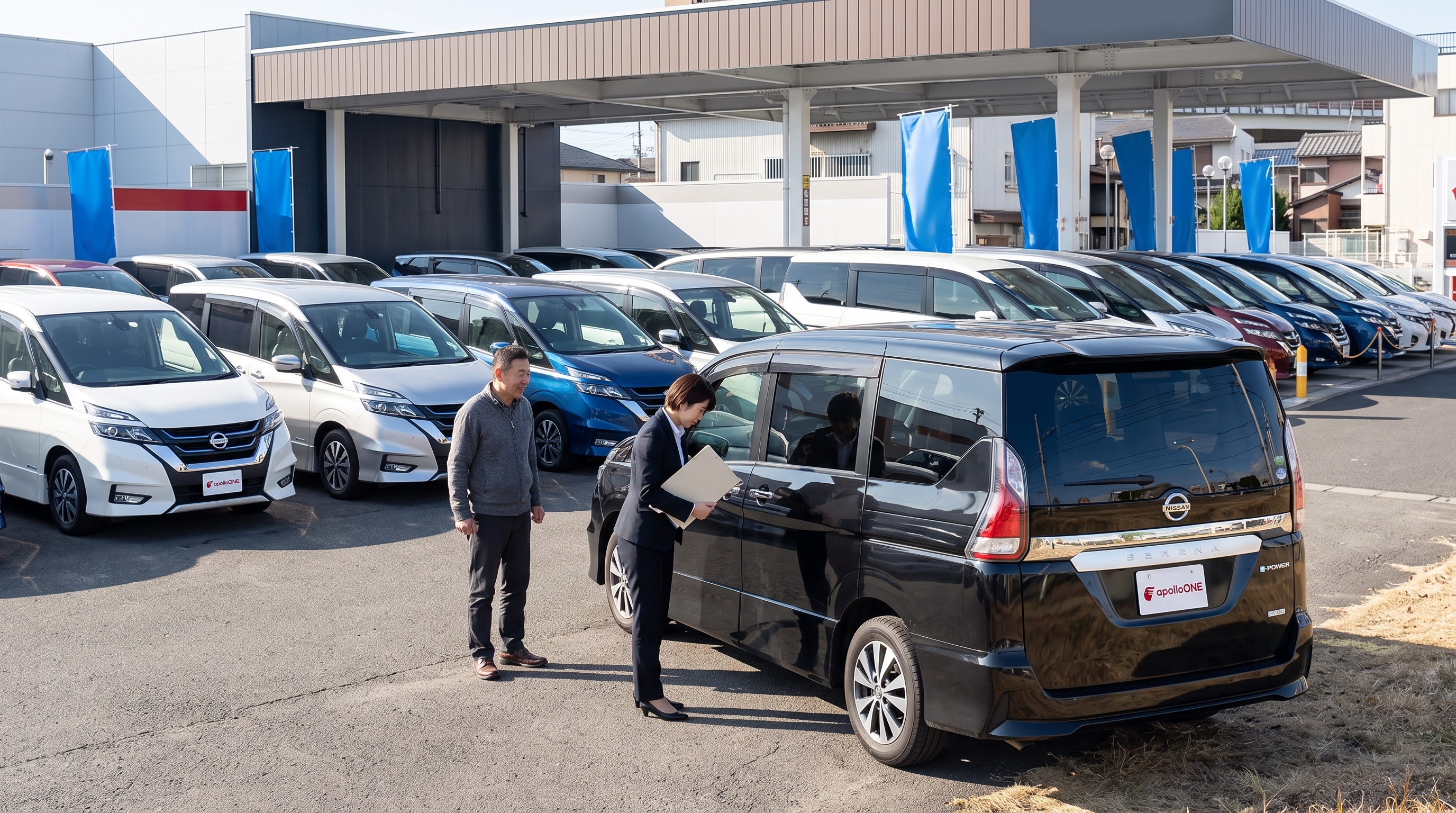 屋外展示場にて、スタッフがクリップボードを手に客の黒いステーションワゴンの状態を確認している下取り査定のシーン。背景に販売車が並ぶ奥行きのあるワイドショット。