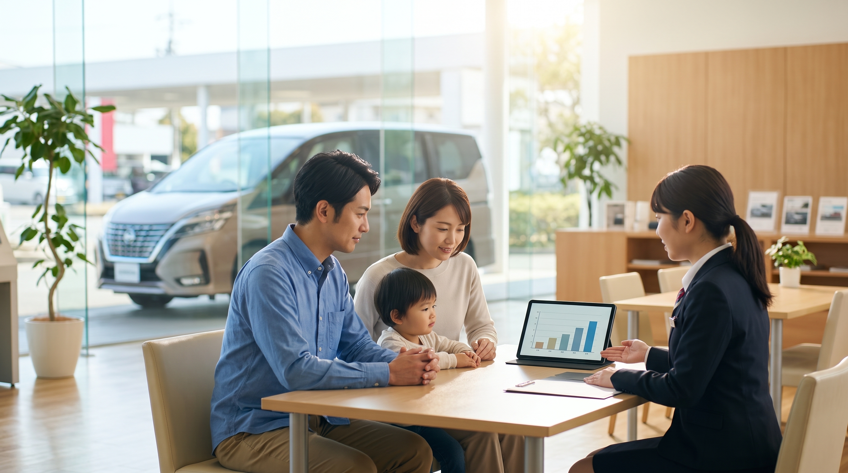 春の穏やかな陽光が差し込むショールームで、30代の夫婦と小さな子供が販売店スタッフと一緒にタブレットのグラフを見ながら和やかに商談をしているシーン。