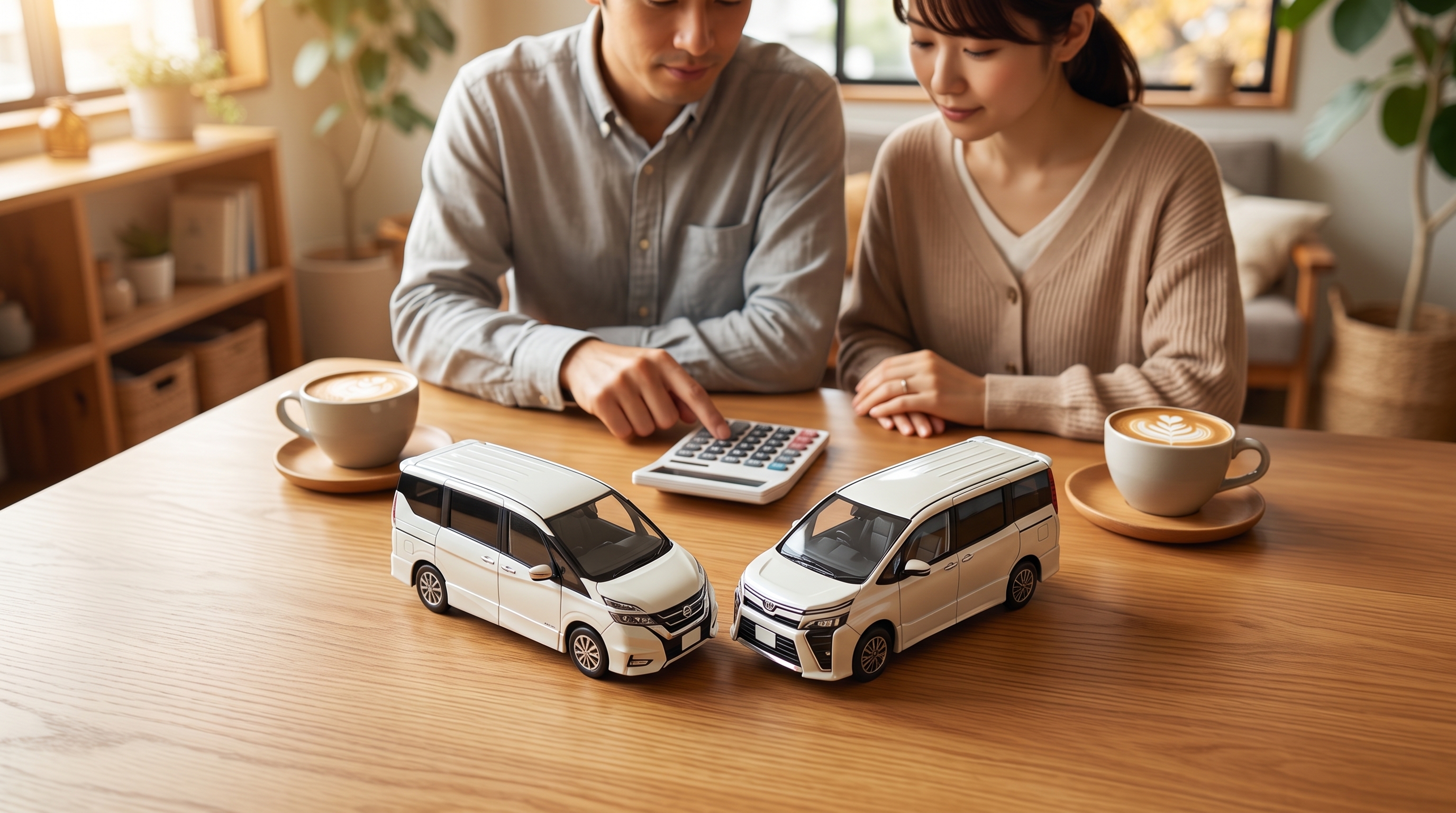 秋の陽光が差し込む商談スペースの様子。木目のテーブルに2台のミニバンのミニカーが置かれ、電卓とカフェラテが並ぶ、温かみのある落ち着いたシーンです。
