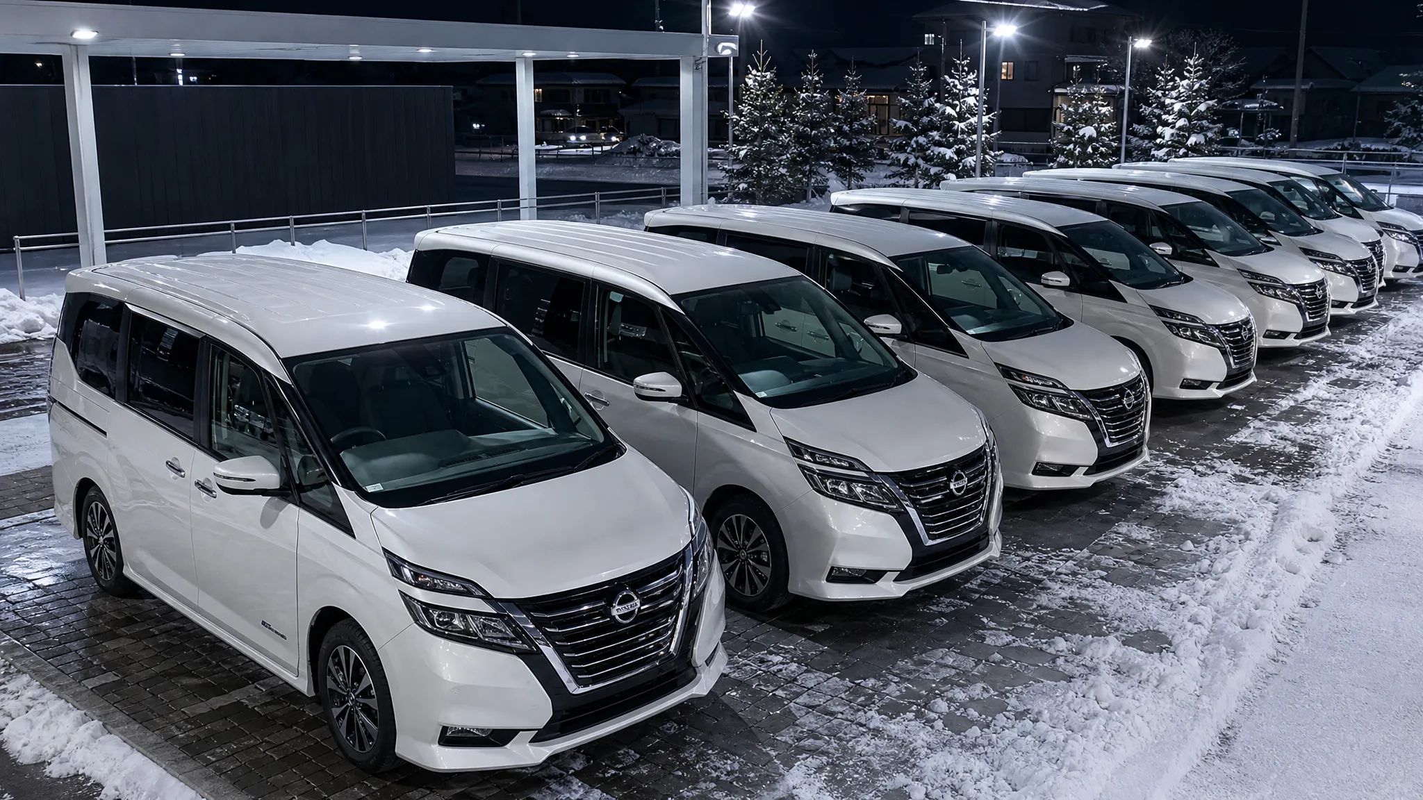 冬の屋外展示場に綺麗に整列したミニバンの様子。店舗のLED照明が車のボディラインをシャープに照らし出し、澄んだ空気感が伝わる上から見下ろした構図の風景です。