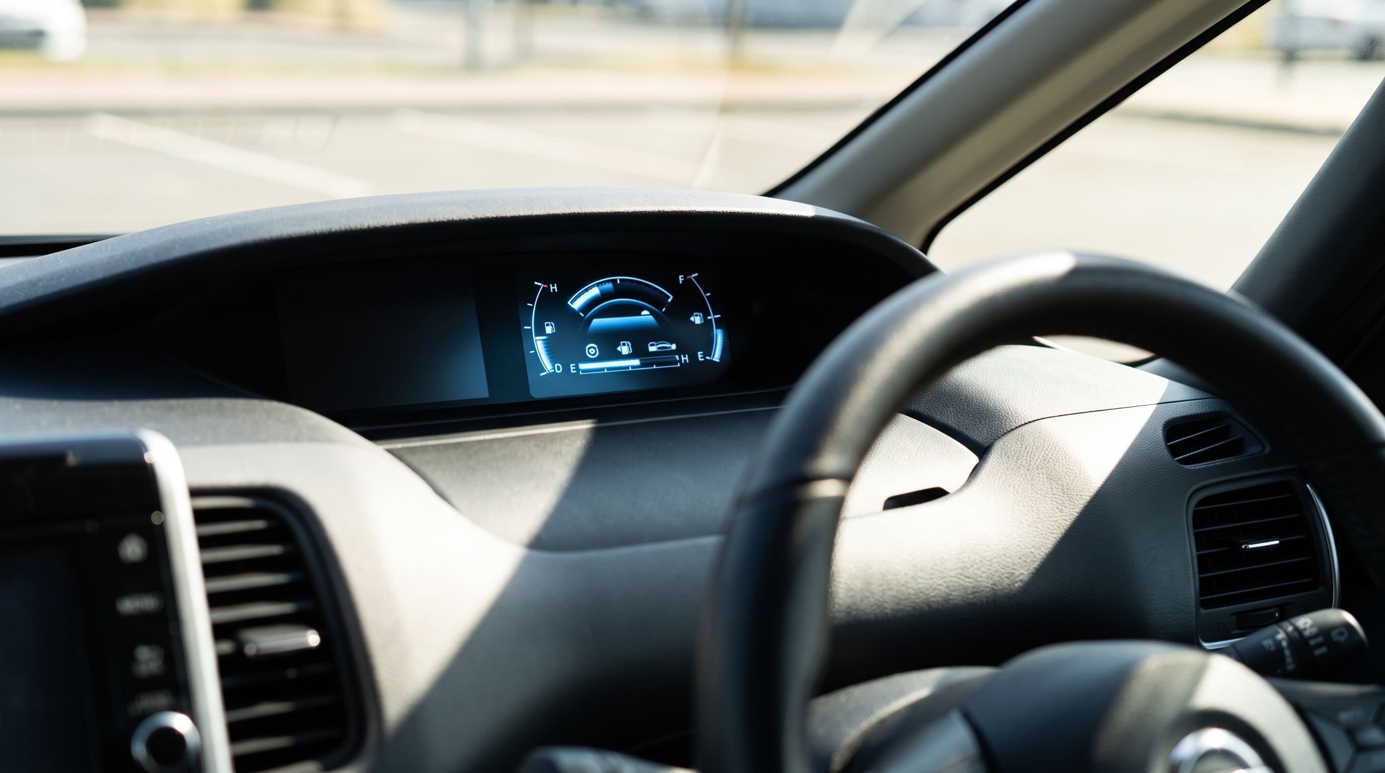 強い日差しが差し込む車の運転席で、ステアリング奥のデジタルメーターパネルをクローズアップした構図。青白い光を放つ燃費インジケーターが鮮明に表示されている様子。