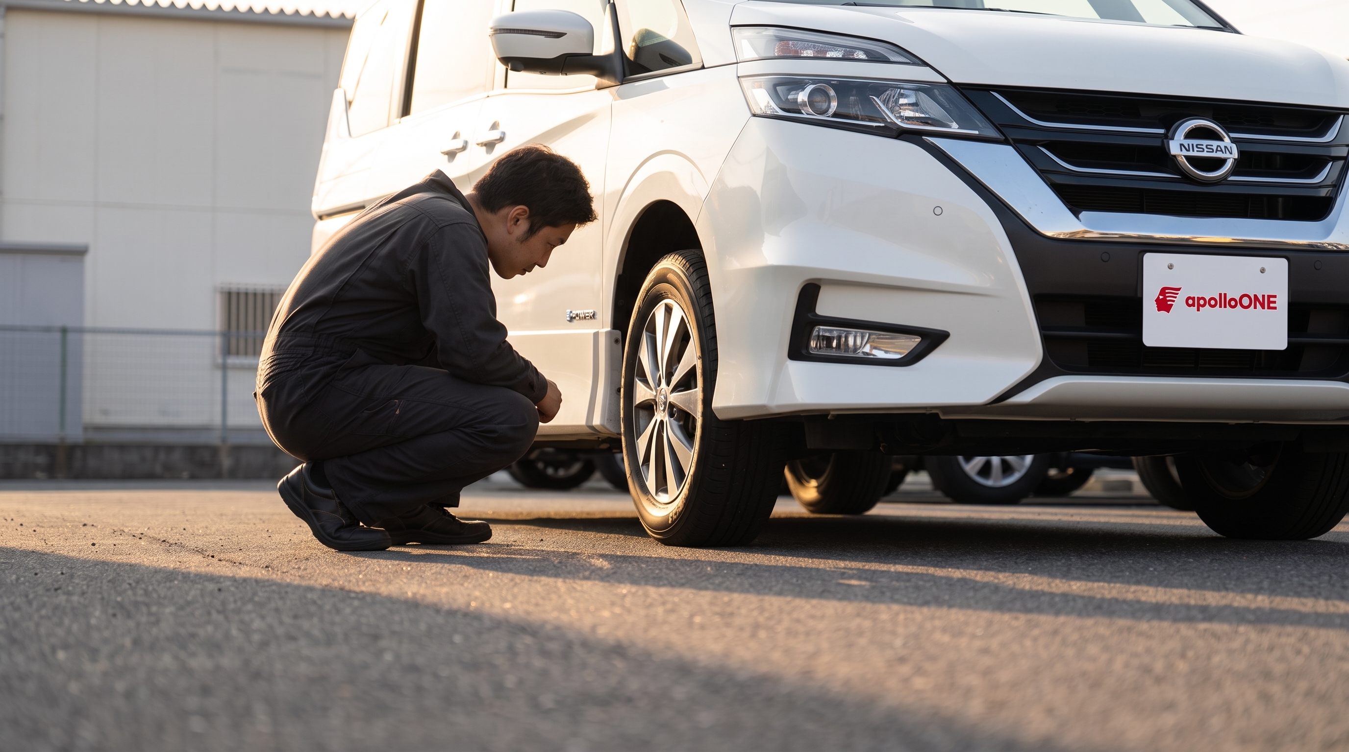 夏の夕方、中古車展示場の路面で、つなぎを着た整備スタッフがしゃがみ込み、ミニバンのフロントタイヤや車体下回りを真剣な表情で点検している様子。