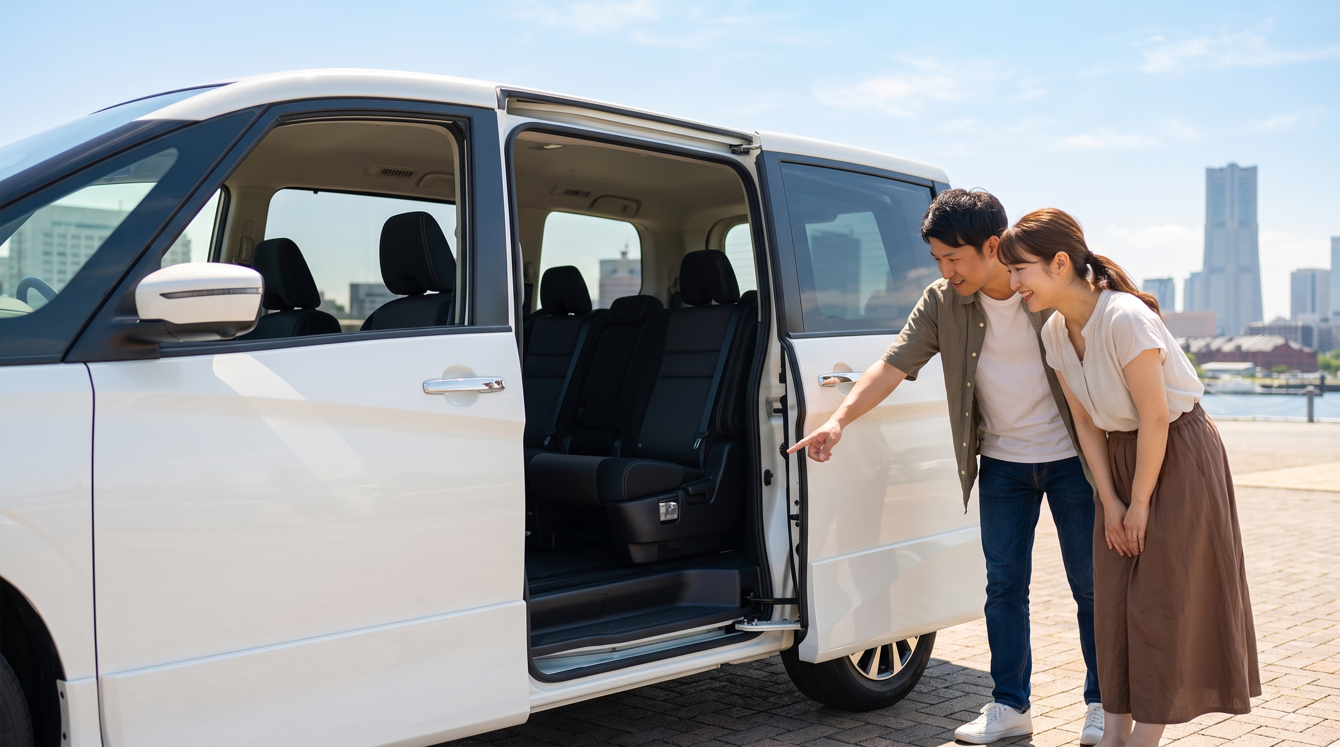 白いミニバンの開いたスライドドアから車内空間を覗き込み、広さを確かめる夫婦の様子。夫が後部座席の足元を指差し、妻が笑顔でうなずいている夏の昼下がりのシーン。