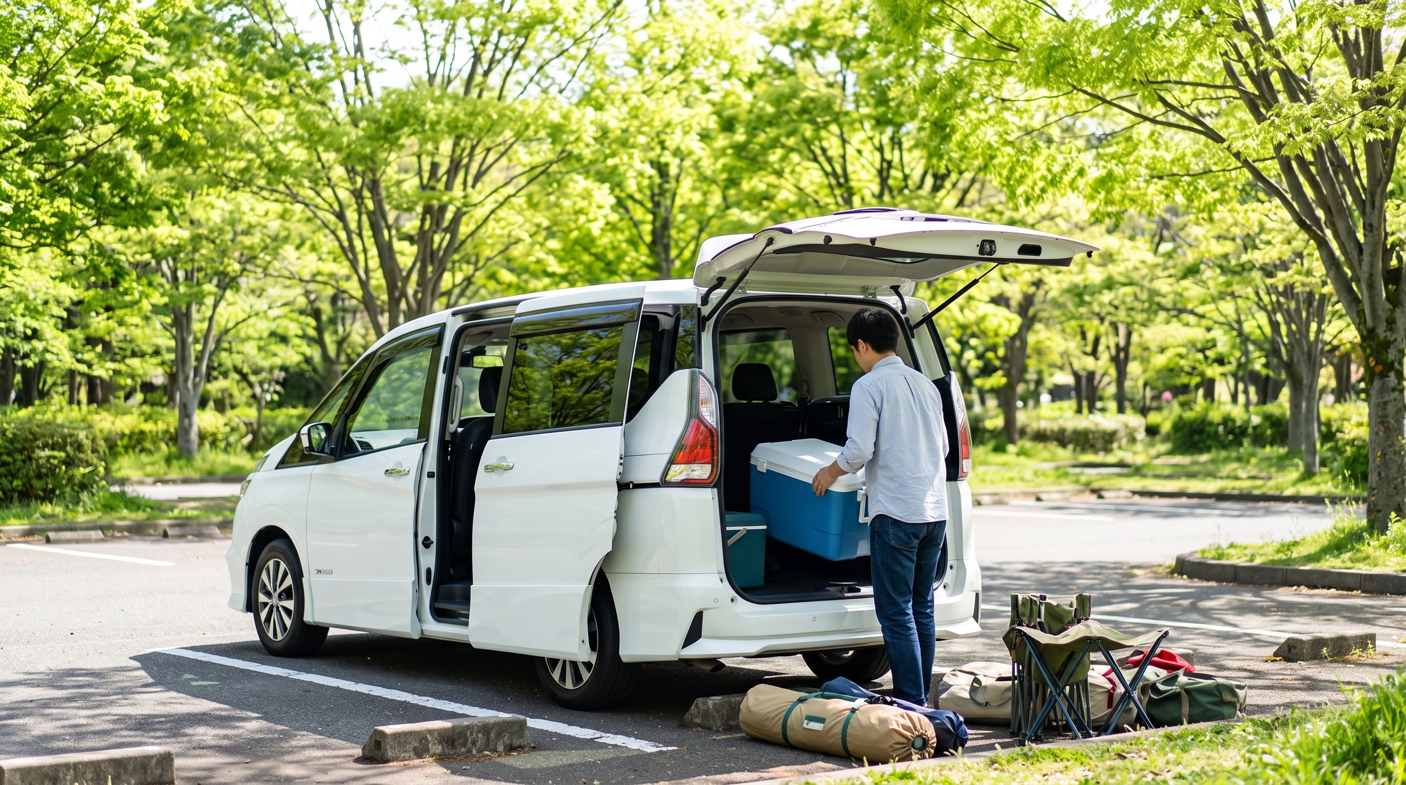 春の明るい太陽光が降り注ぐ公園の駐車場で、白いミニバンのドアが大きく開いている様子。父親がキャンプ道具を車内に積み込もうとしている、休日ののどかなシーン。