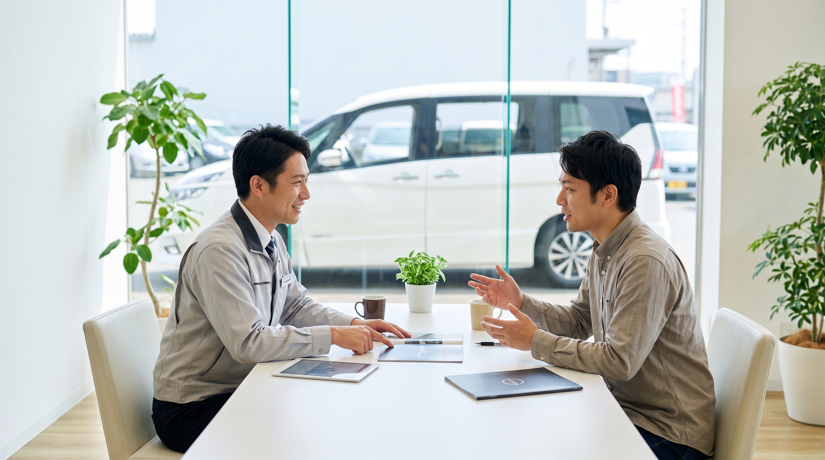 明るい自然光が差し込む店舗内で、制服姿の販売スタッフと30代の男性客が商談テーブルを挟んで向かい合い、身振り手振りを交えながら熱心に話し合っている様子。