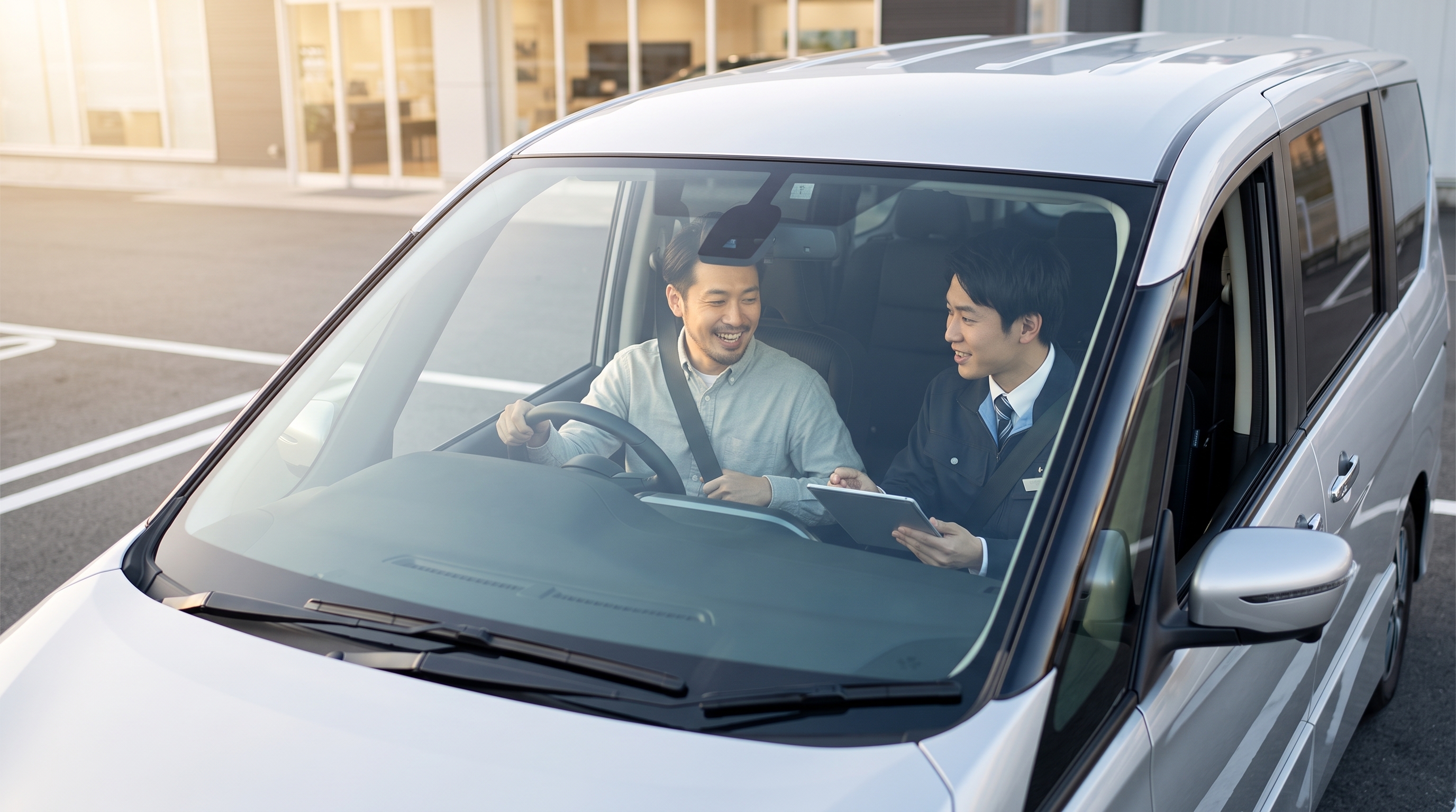 冬の朝、試乗のためシルバーのミニバンの運転席に乗り込んだ父親と助手席のスタッフの様子。フロントガラス越しに高い位置から見下ろすハイアングルで捉えられています。