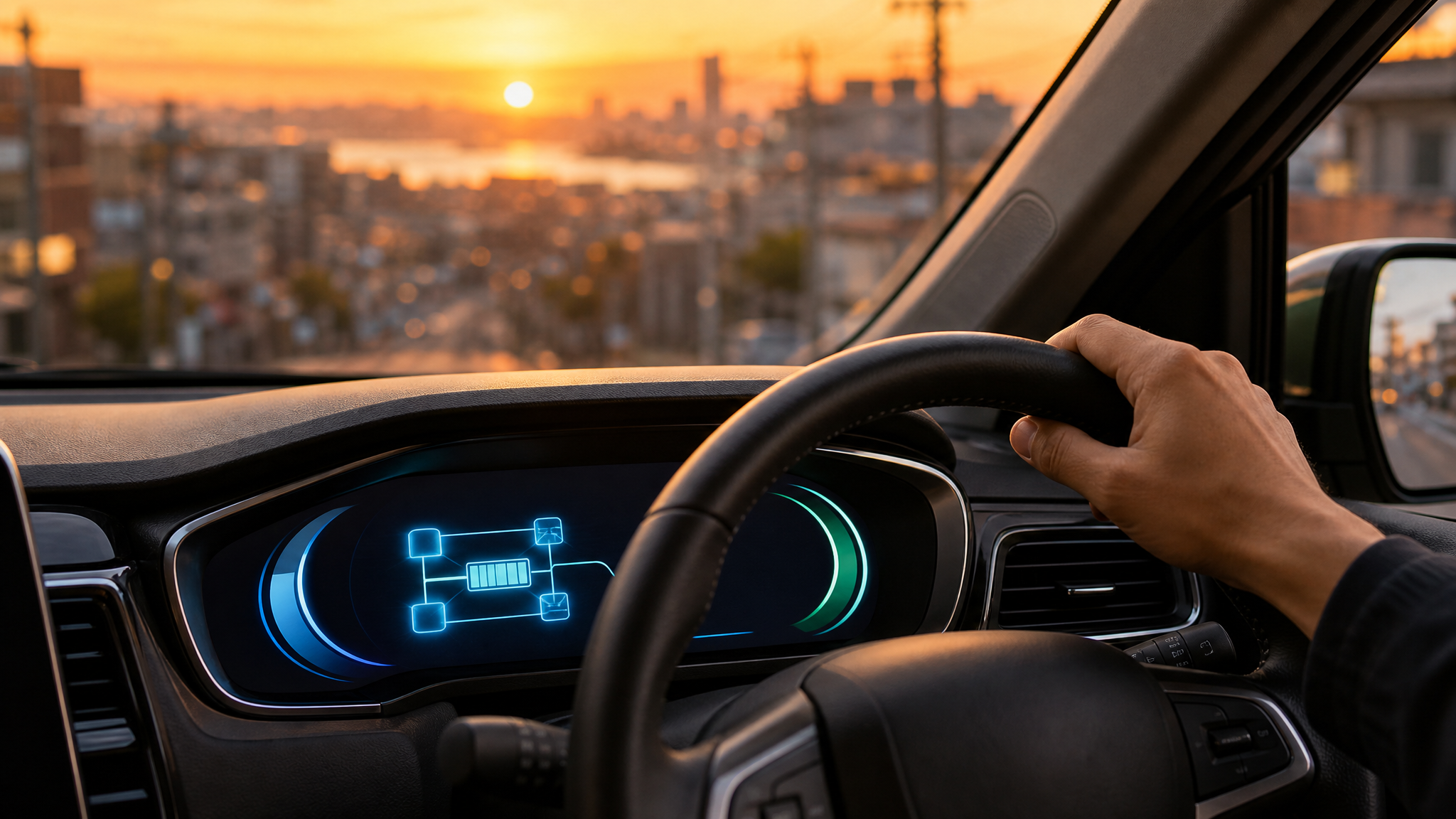 夕日が差し込むミニバンの運転席のクローズアップ。ハンドルを握るドライバーの手と、ハイブリッドシステムのエネルギーフローを示すデジタルメーターが光っている様子。