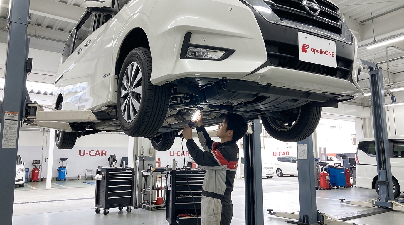 清潔な整備ピットにおいて、プロの整備士が日産セレナの下回りを丁寧に点検している様子を捉えたクローズアップ画像。安心と信頼が伝わる作業シーン。