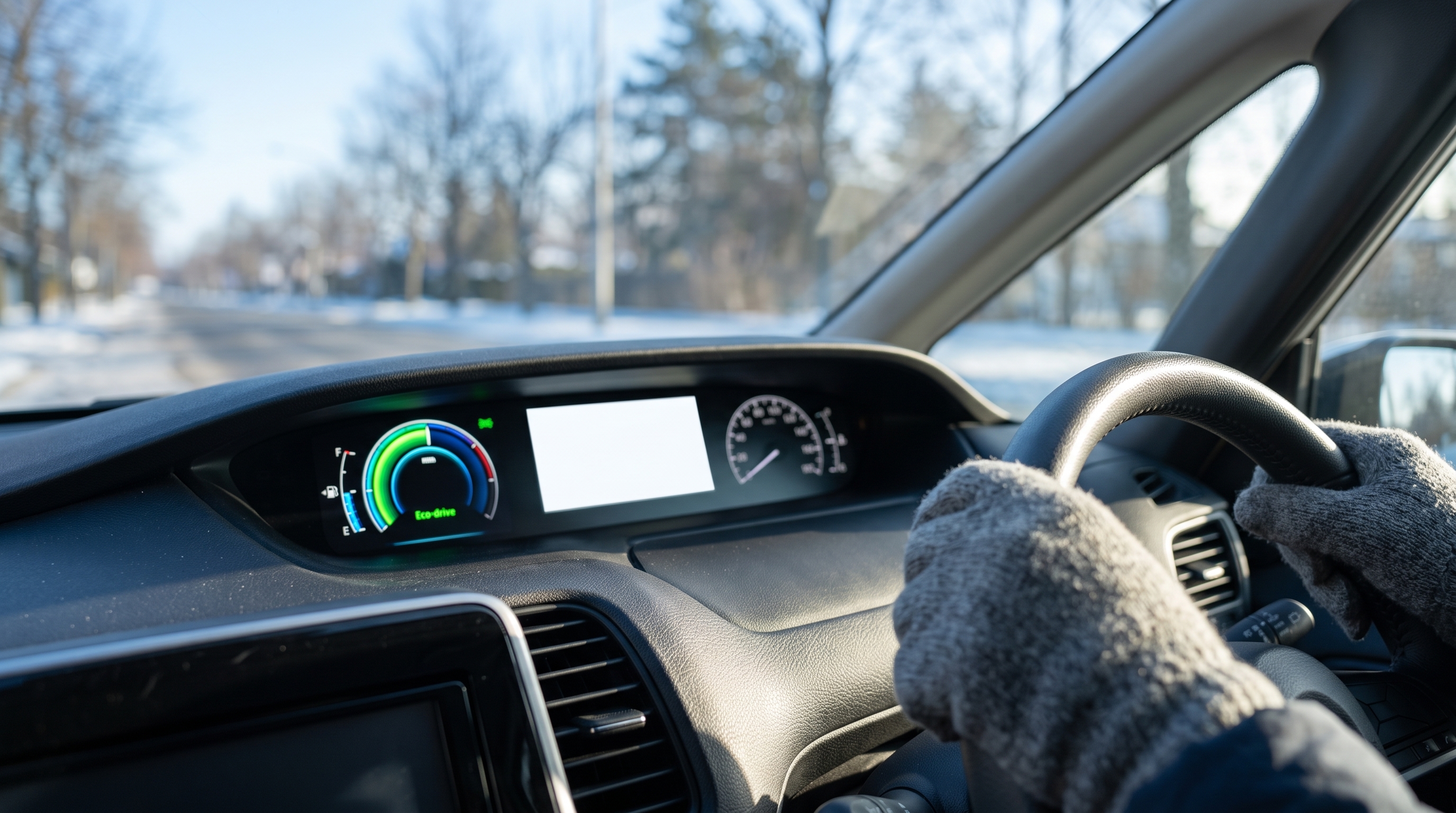 冬のよく晴れた朝、ミニバンの運転席のメーターパネル周辺を捉えたクローズアップ。ハンドルを握る男性の手袋越しに、エコドライブインジケーターが点灯している様子。
