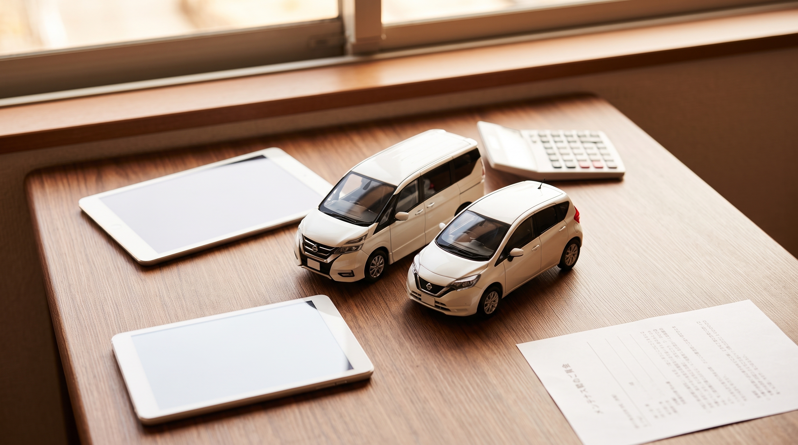 窓際の商談テーブルにタブレットや電卓、2台の車のミニチュアが置かれている様子。車の維持費や価格を比較検討する場面を真上から捉えた、秋の昼下がりのシーン。