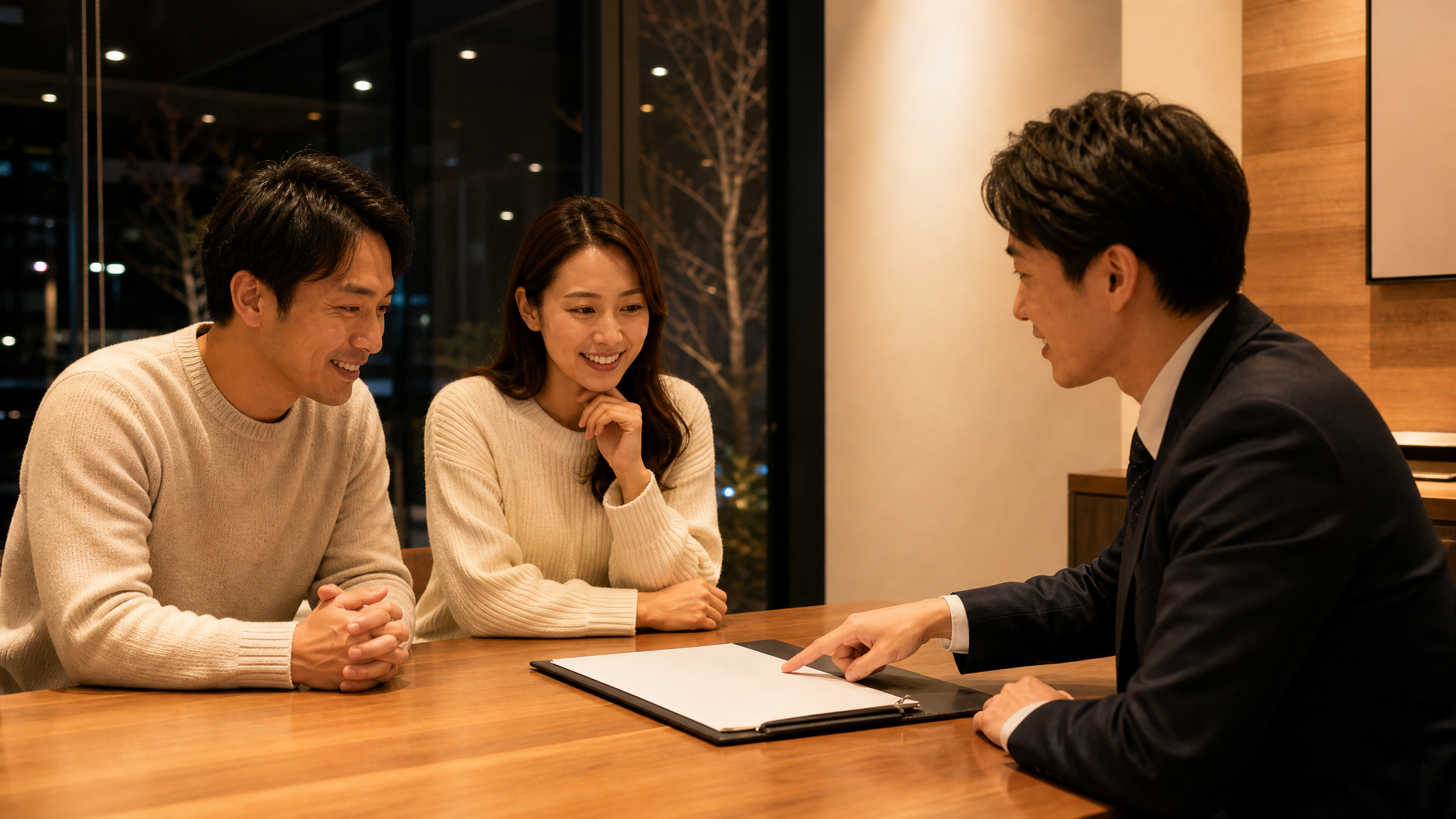 温かい照明で照らされた夜の店舗内の商談スペースの様子。テーブルを囲む夫婦に対し、スタッフが書類を指差して説明し、夫婦が安心した笑顔を浮かべているシーンです。