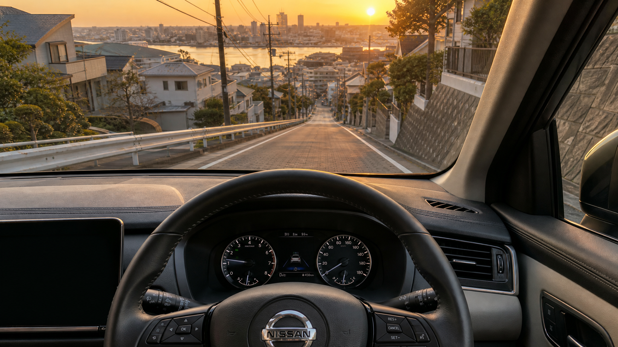 夕日が差し込むミニバンの運転席からフロントガラス越しに外を見る試乗シーン。手前のステアリングの奥に、勾配のある急な坂道と住宅街が広がるドライバー目線の構図。