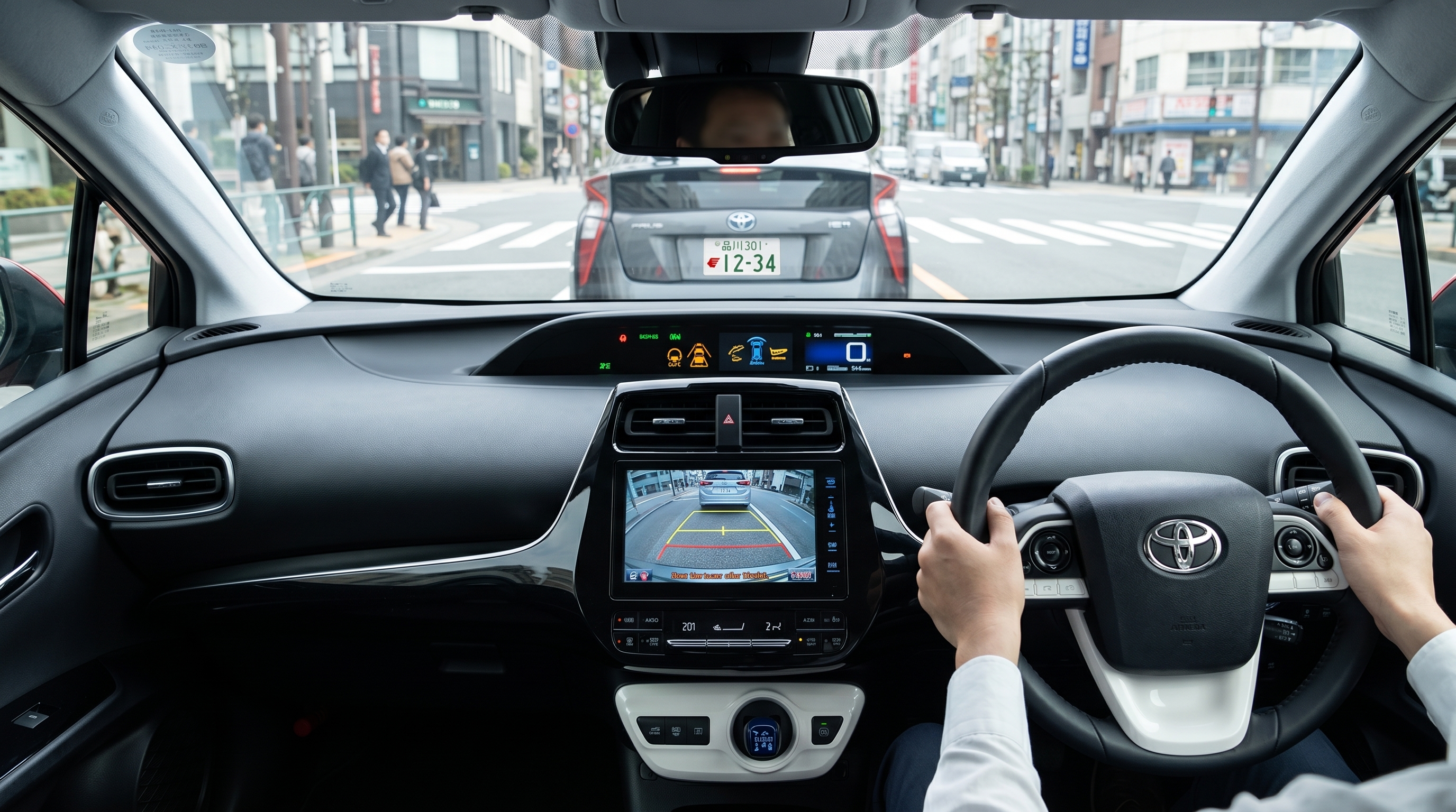 日本の市街地を走行する50系プリウスの運転席からの視点。純正ナビ画面やバックモニターが映し出された、安全装備が充実しているクリーンな車内の様子です。