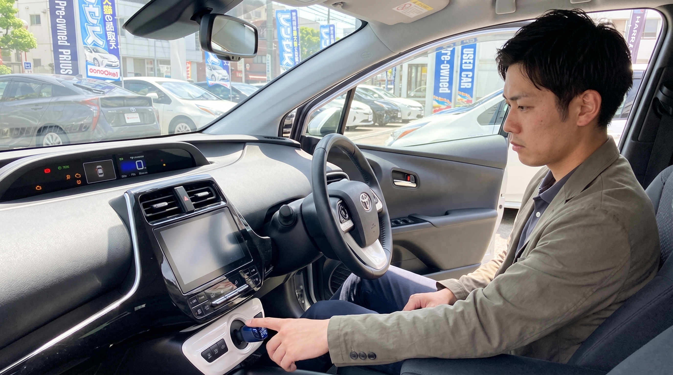 中古車販売店にて、50系プリウスの運転席に座り、真剣な表情でメーターパネルの警告灯やエアコンのスイッチを確認している男性を助手席側から見下ろした様子。
