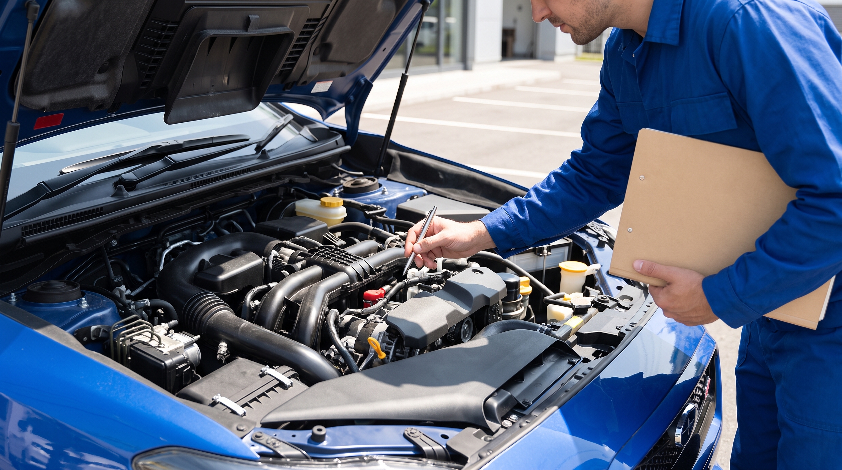 夏の強い日差しが降り注ぐ屋外で、自動車のエンジンルームを開けて念入りに状態を確認している査定士の手元と、無地のバインダーを捉えたクローズアップ。