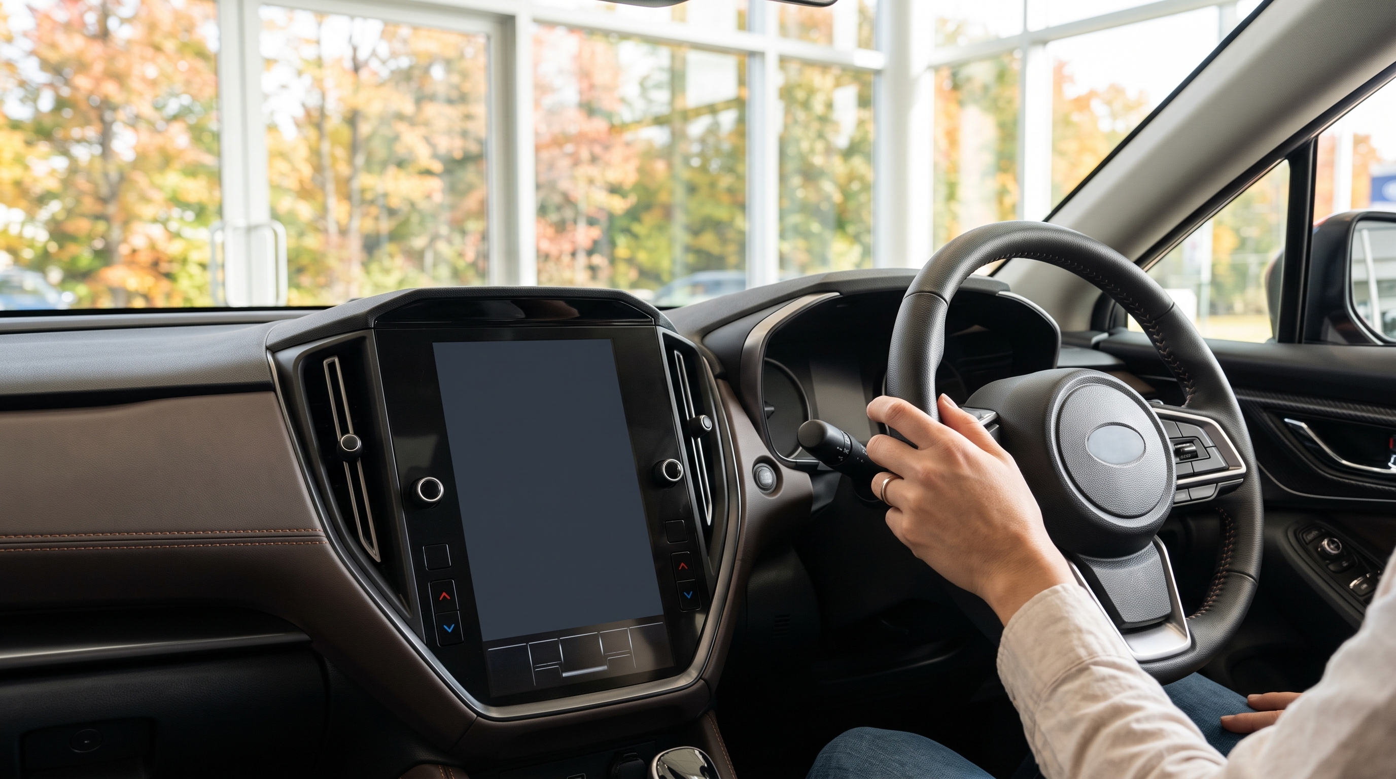 秋の明るい自然光が差し込むショールームで、新型車の運転席に座る様子。本革巻きステアリングや大型縦型センターディスプレイなど高品質な内装のクローズアップ。
