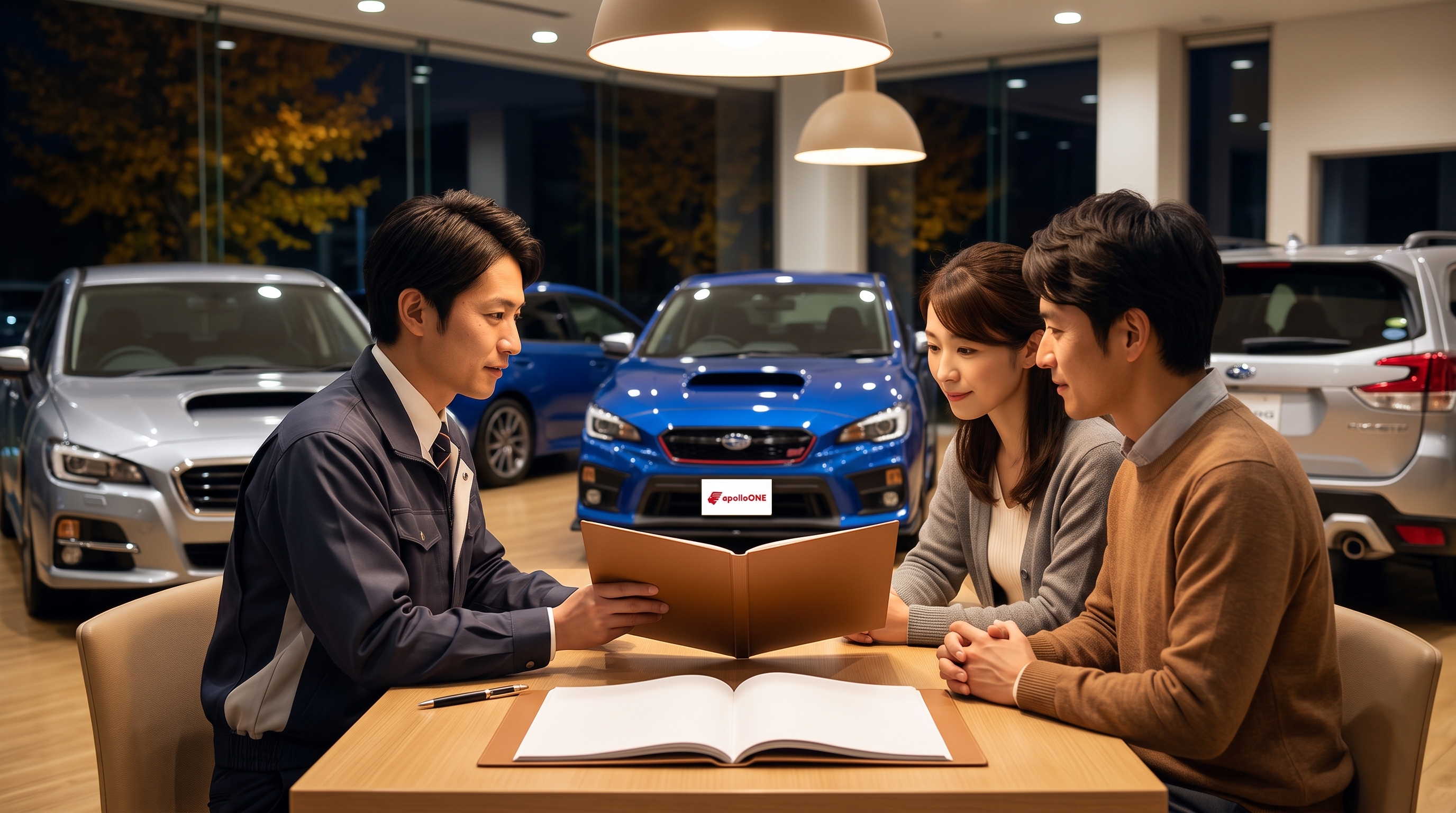 落ち着いた照明のショールームでの商談の様子。スタッフと顧客が向かい合って座り、テーブルの資料を見ながら車の維持費や保証プランについて相談しているシーンです。