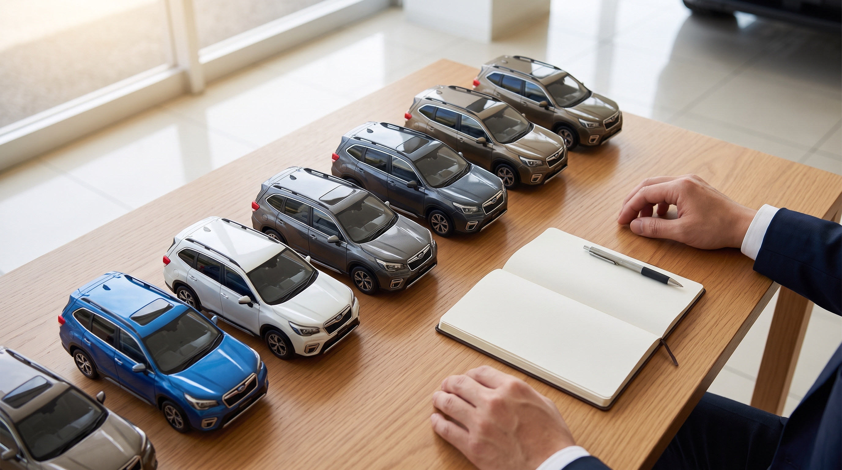 明るいショールームの木製テーブルに、ボディカラーが異なるSUVの精巧なカラーサンプルと手帳が並ぶ様子。春の自然光の中で納期を検討しているシーンです。