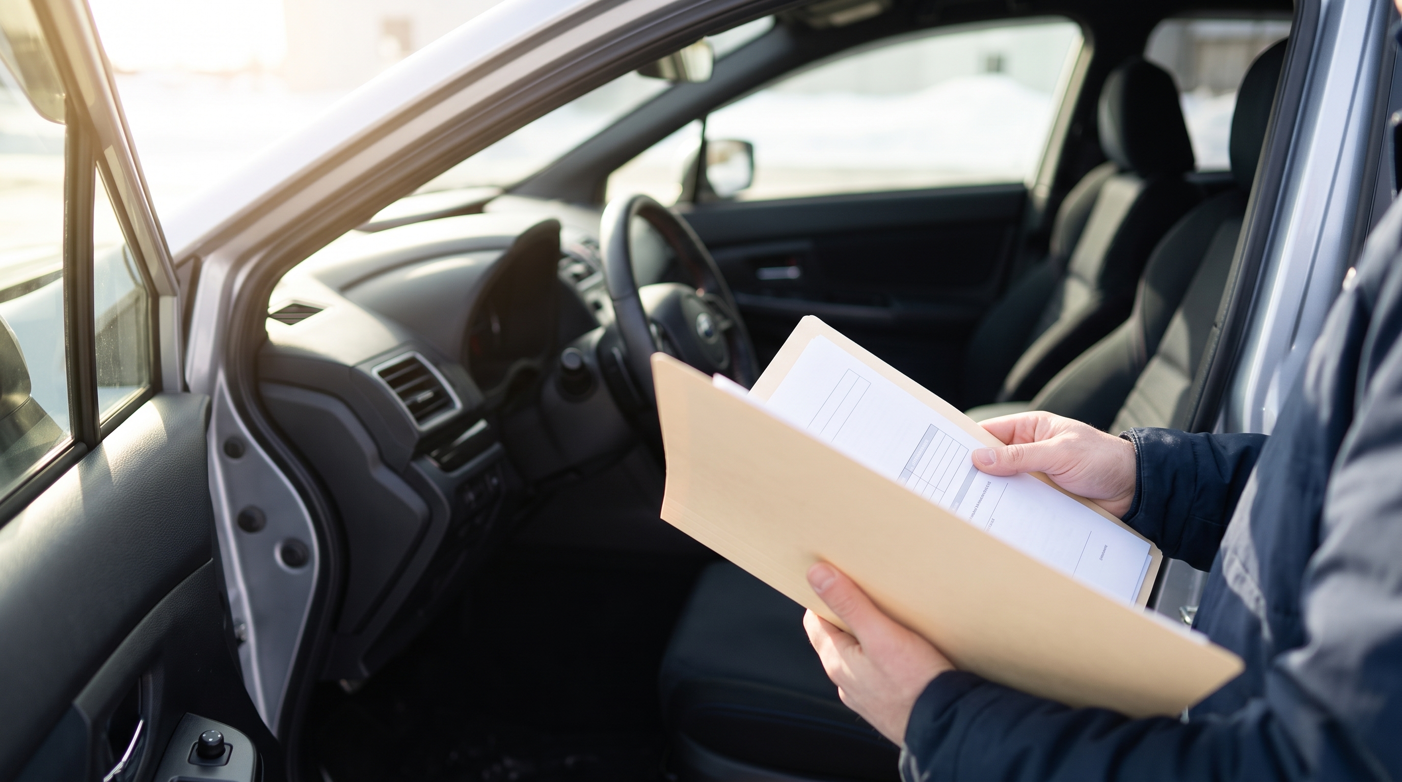 明るい自然光が差し込む車内で、査定士がバインダーの書類とドア開口部の金属製プレートを照らし合わせ、年式や車台番号を丁寧に確認している手元のクローズアップ。
