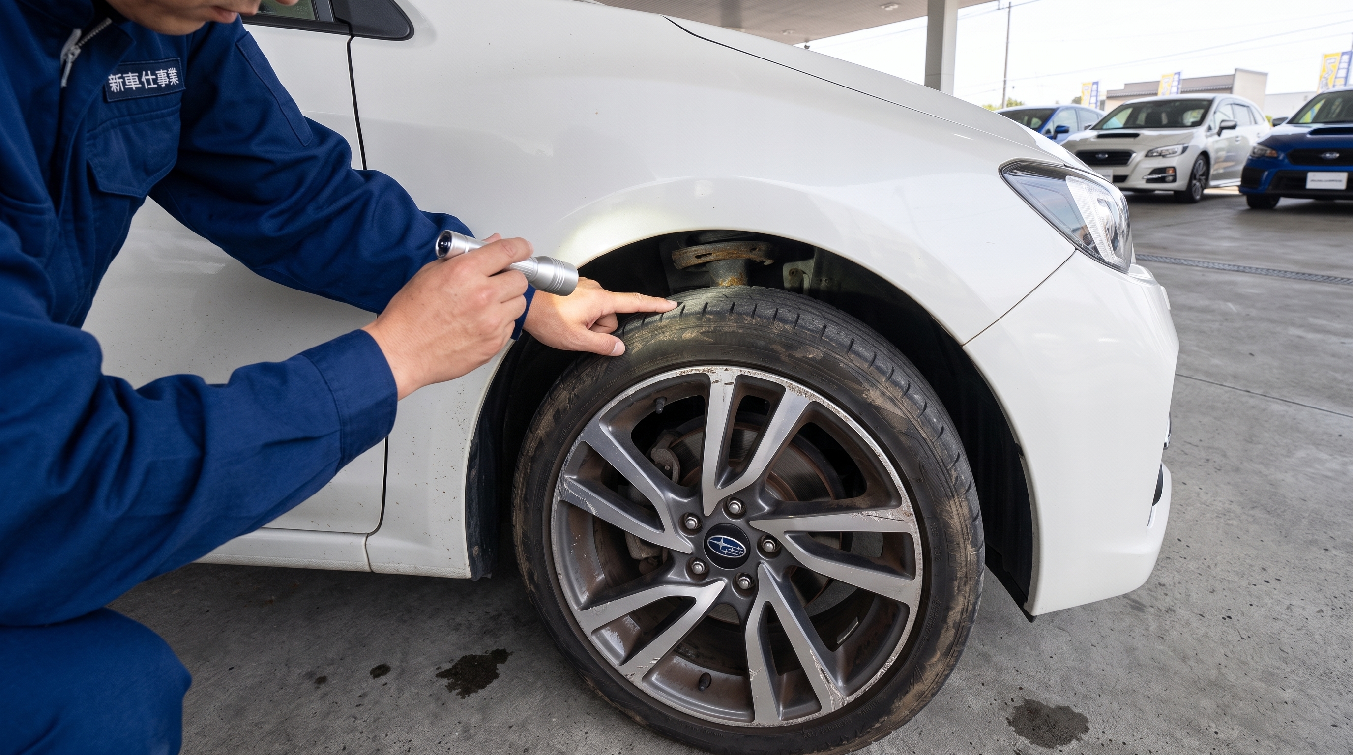 白い車の右前輪周辺をハイアングルから捉えたシーン。査定員がLEDライトを照らし、タイヤハウスやホイールの傷、サビの有無を慎重に確認している手元のクローズアップ。