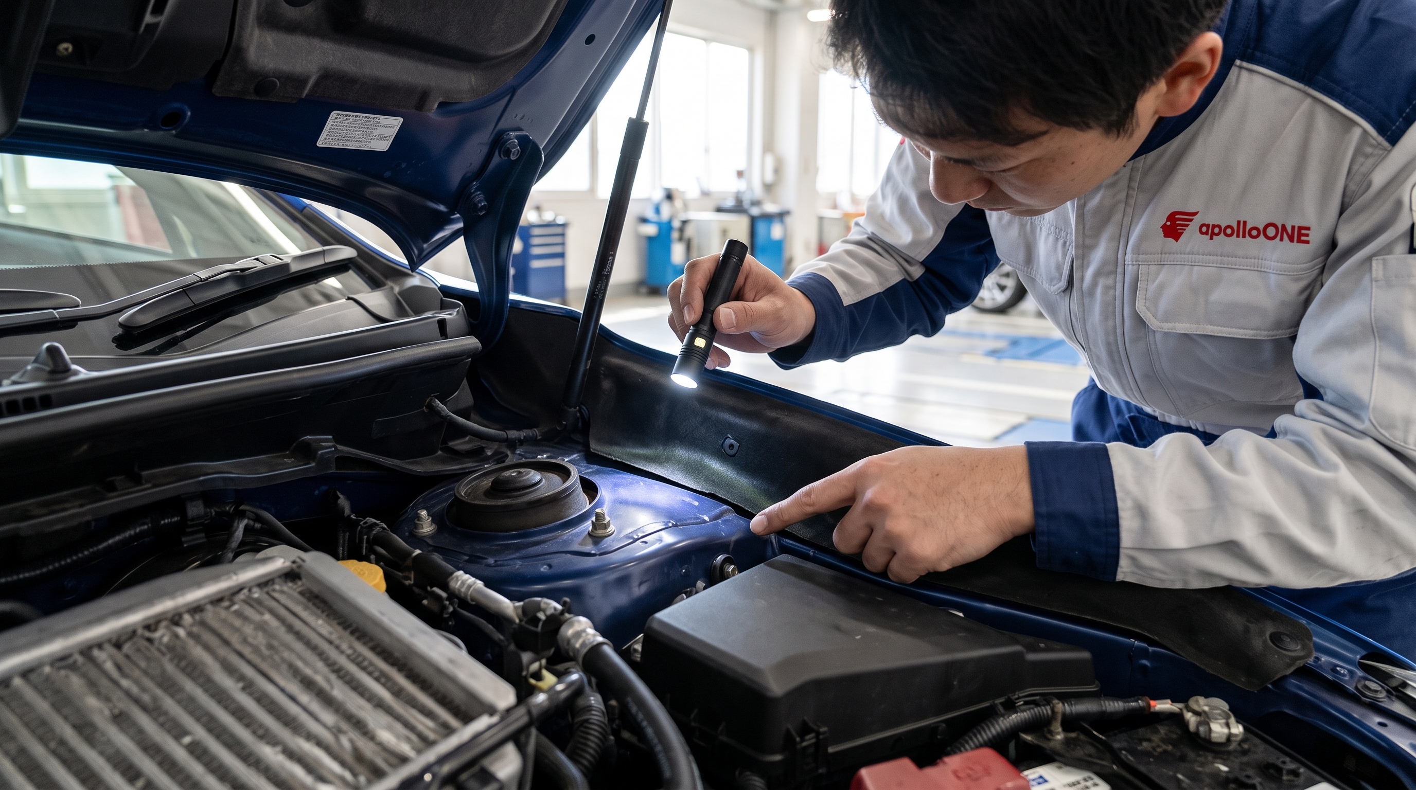 整備士がペンライトで車のエンジンルームを点検している手元のクローズアップ。明るい整備ピット内で、金属パーツやボルトの状態を慎重に確認している真剣な作業風景。